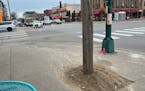 A wooden pole sits in the middle of the sidewalk at the intersection of Lake and Lyndale. Pedestrians will be sidestepping dozens of the temporary pos