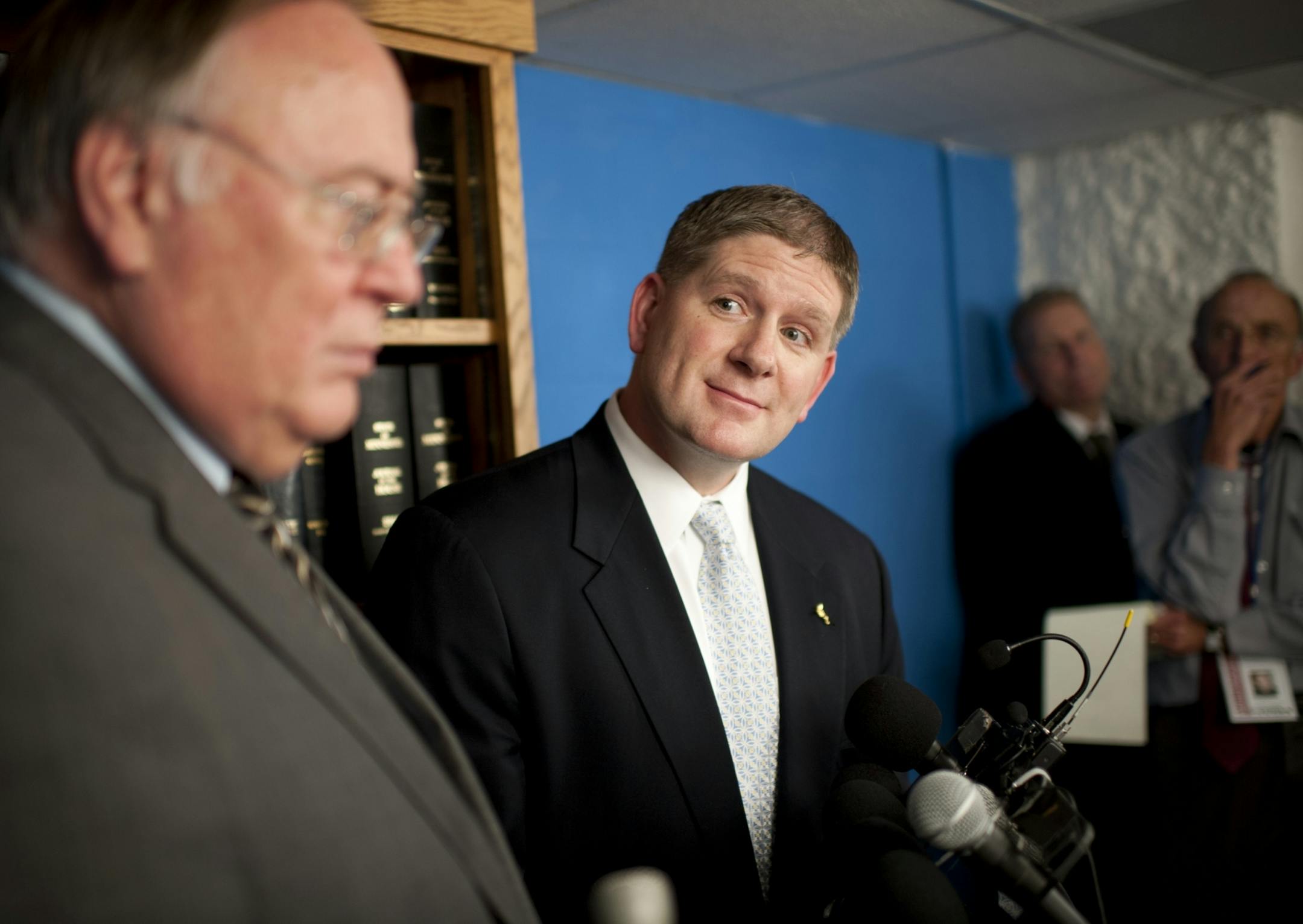 Senate Majority Leader David Senjem and House Speaker Kurt Zellers spoke to the media about the legislation that still has to be voted on Monday, April 30, 2012 .