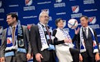 Nick Rogers, President of Minnesota United FC, Dr. Bill McGuire, Wendy Carlson Nelson and Robert Pohlad. Wendy kicked the ball with her knee on stage.