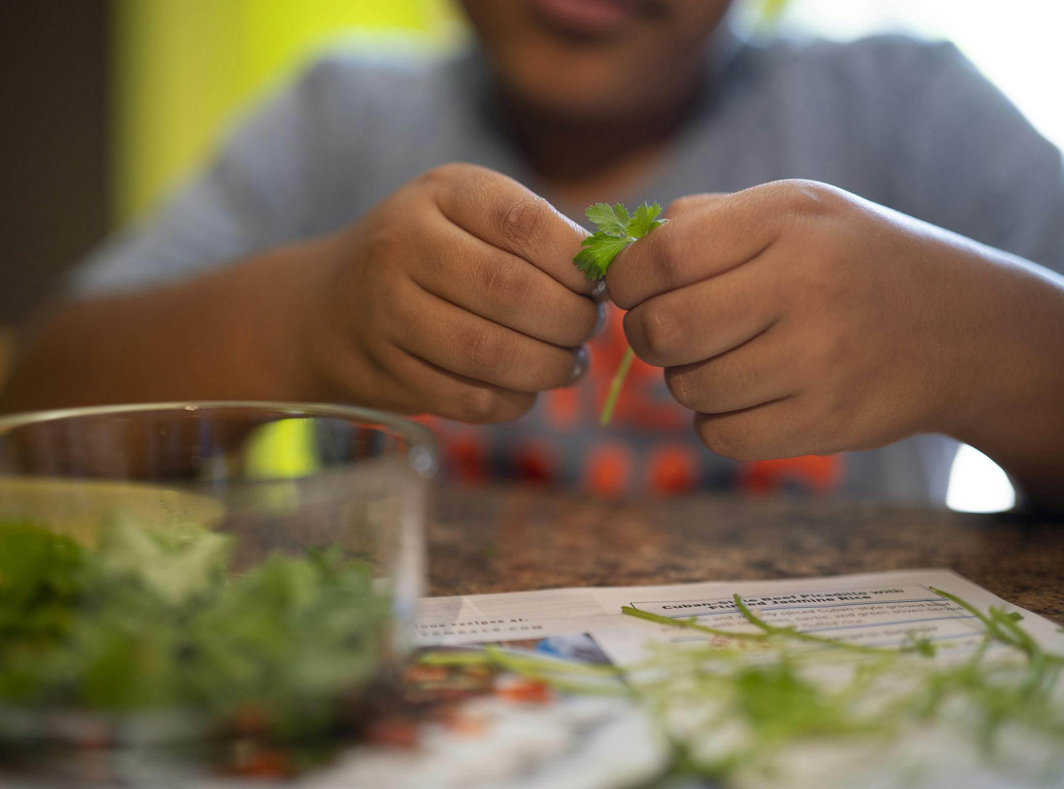 Allison Hofstedt's son, Darweshi, 10, helped with dinner prep by stripping cilantro from the stalks. ] JEFF WHEELER • jeff.wheeler@startribune.com East Side Table is trying to improve health outcomes one family dinner at a time.
The collaborative of 13 local nonprofits - convened by Fairview Health - has distributed 6,100 healthy meal kits to families across the East Metro. They've helped working parents like Allison Hofstedt try new healthy recipes instead of serving up a pizza or a buck