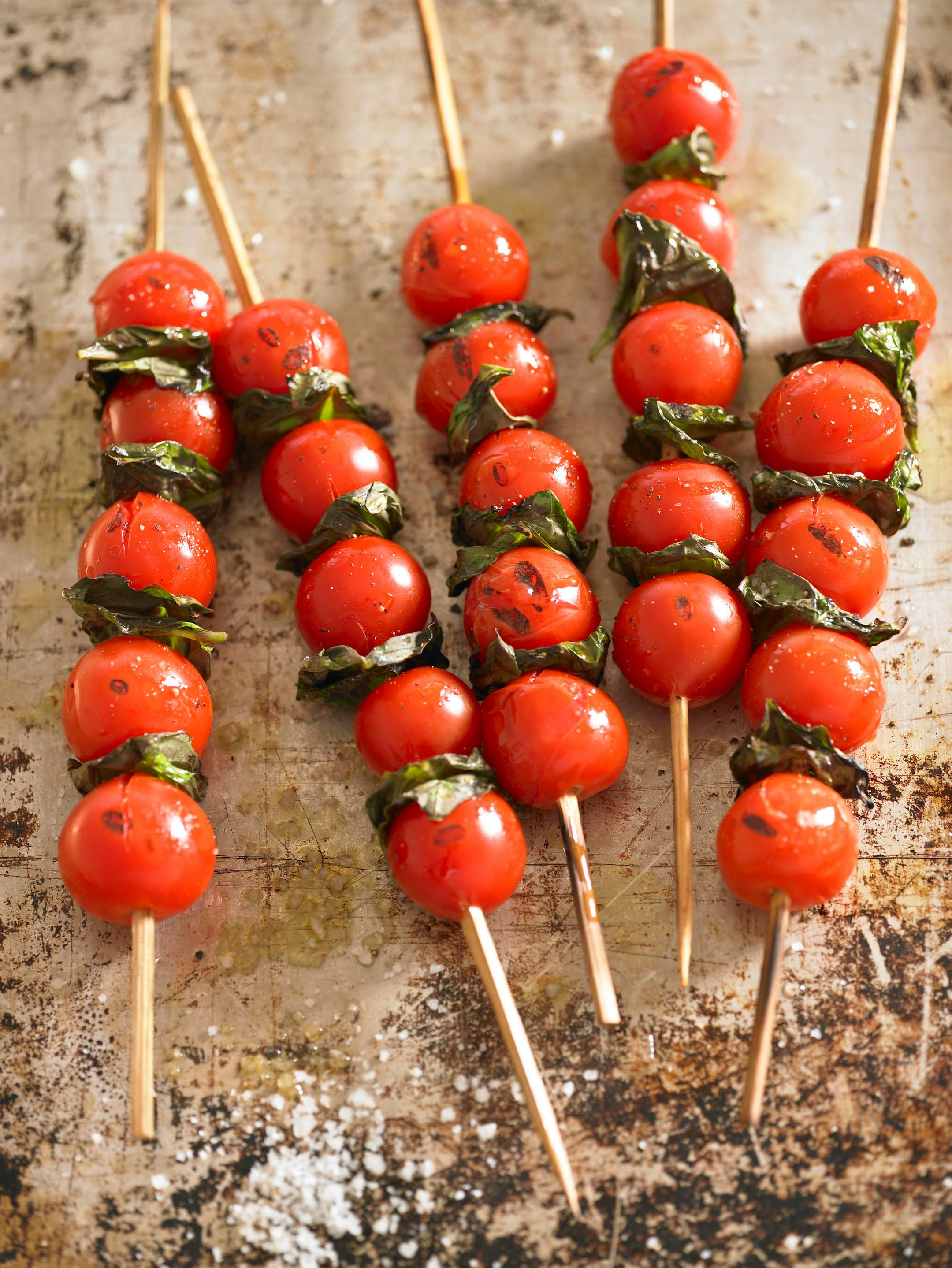 Cherry tomato skewers are a colorful and healthy treat for a springtime graduation party.