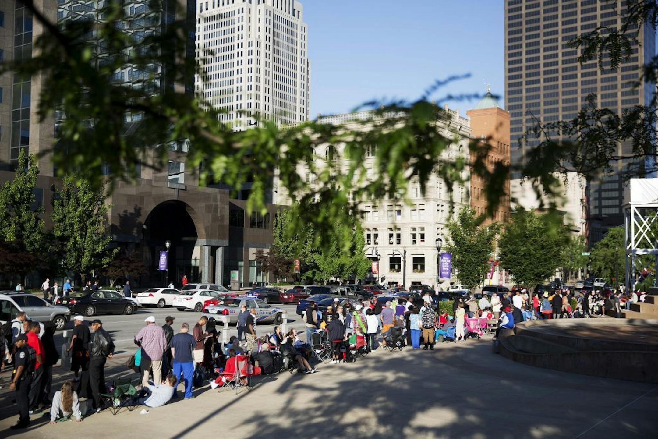 People wait in line for the box office to open for tickets to Muhammad Ali's memorial service Friday at the KFC Yum! Center Wednesday, June 8, 2016, in Louisville, Ky. Ali's memorial service Friday looms as one of the most historic events in Louisville's history.