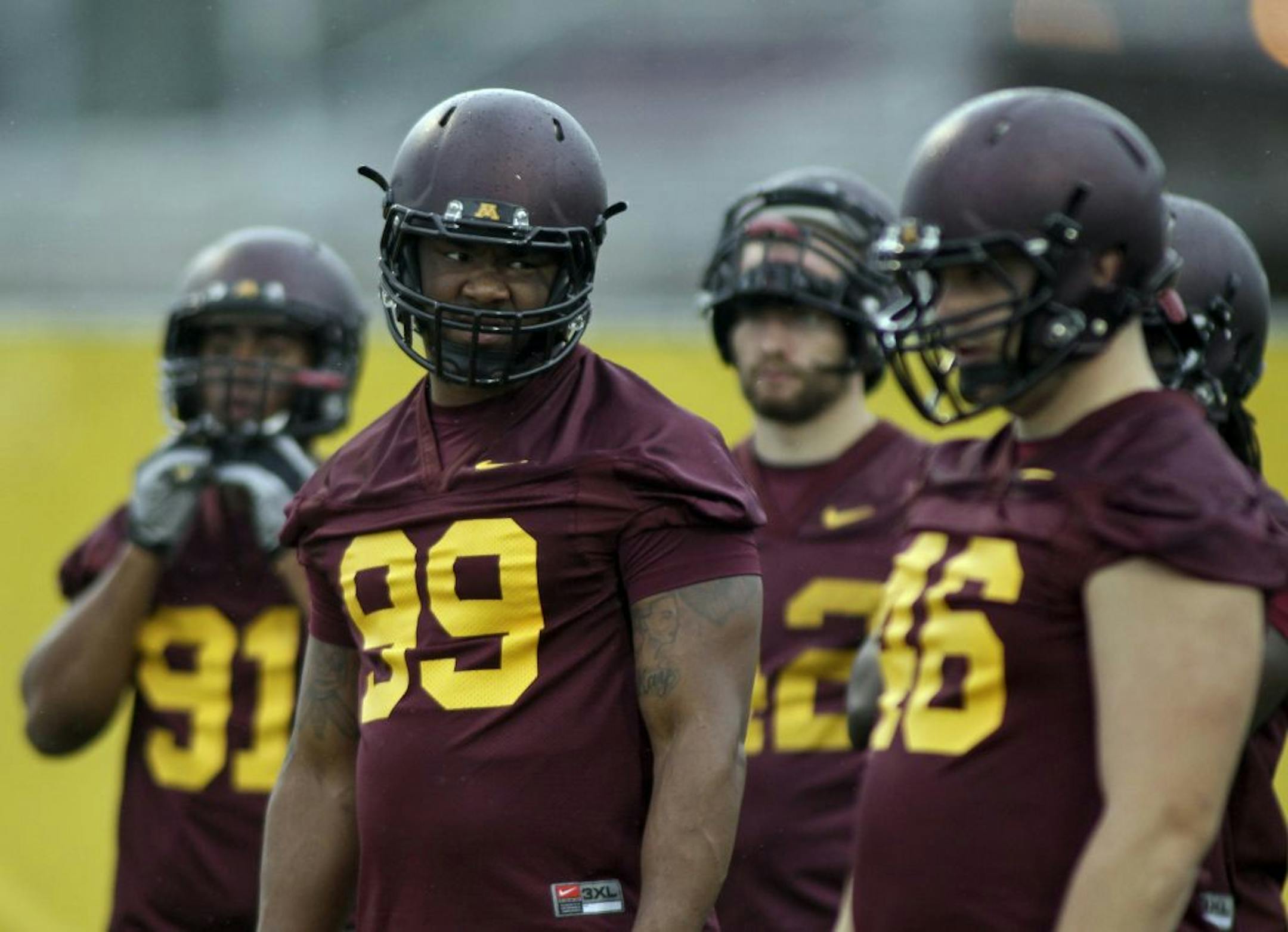 Gopher defensive tackle Ra'Shede Hageman (99) had two sacks and a forced fumble in last year's final game vs. Illinois. "That boosted my confidence going into this year," he said. "It really showed how far I could climb."