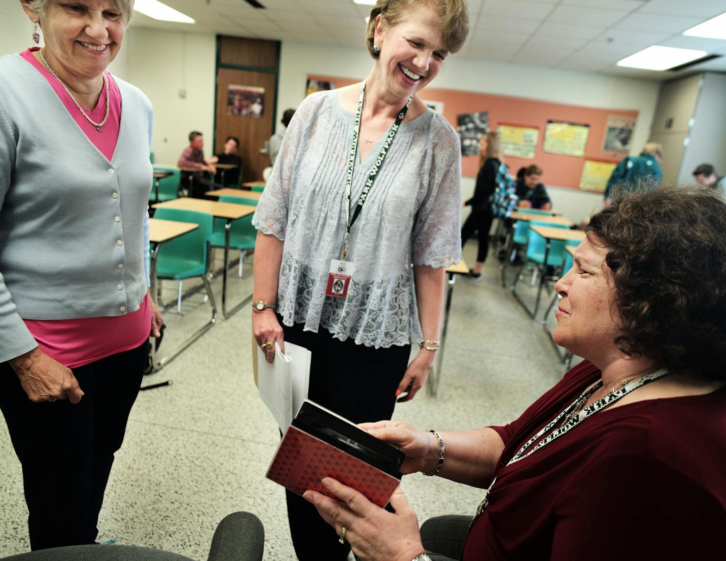 In general health class at Park H.S. in Cottage Grove, Judy Liautaud, left, Betsy Trondson, and Barb leCuyer caught up with each other on their experiences as birth mothers .] Richard Tsong-Taatarii/rtsong-taatarii@startribune.com