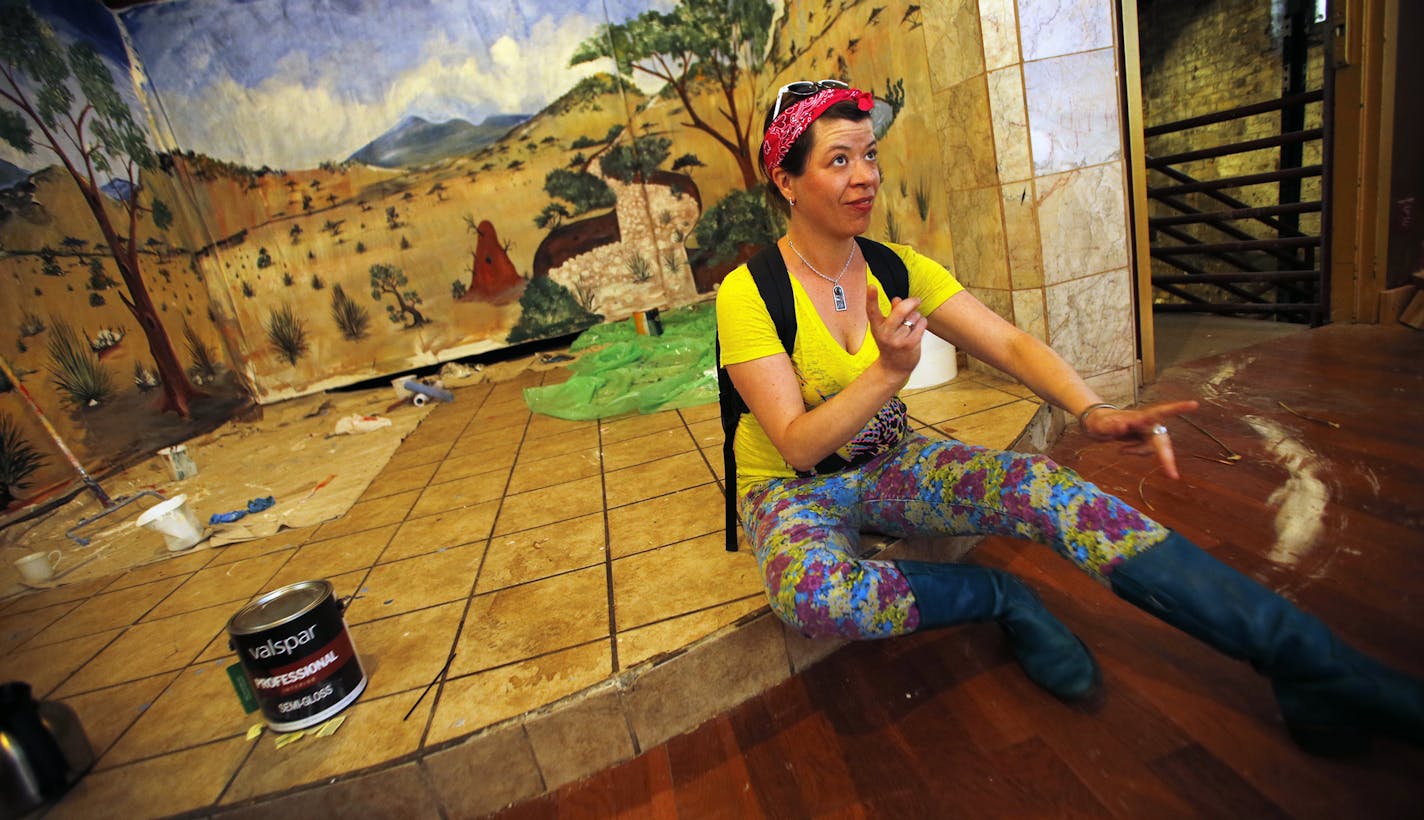 Joan Vorderbruggen with a Somali nomadic hut display in background. ] Joan Vorderbruggen works through Hennepin Theatre Trust to maximize local artists works by displaying them in empty Hennepin Ave. storefront windows and pop-up parks. (MARLIN LEVISON/STARTRIBUNE(mlevison@startribune.com)