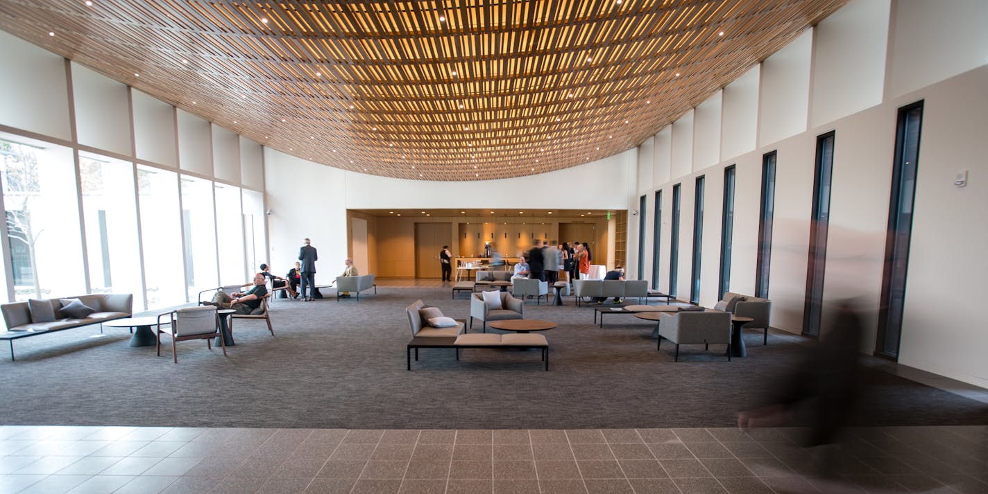 Temple Israel congregants socialized in the new lobby before Friday night services.