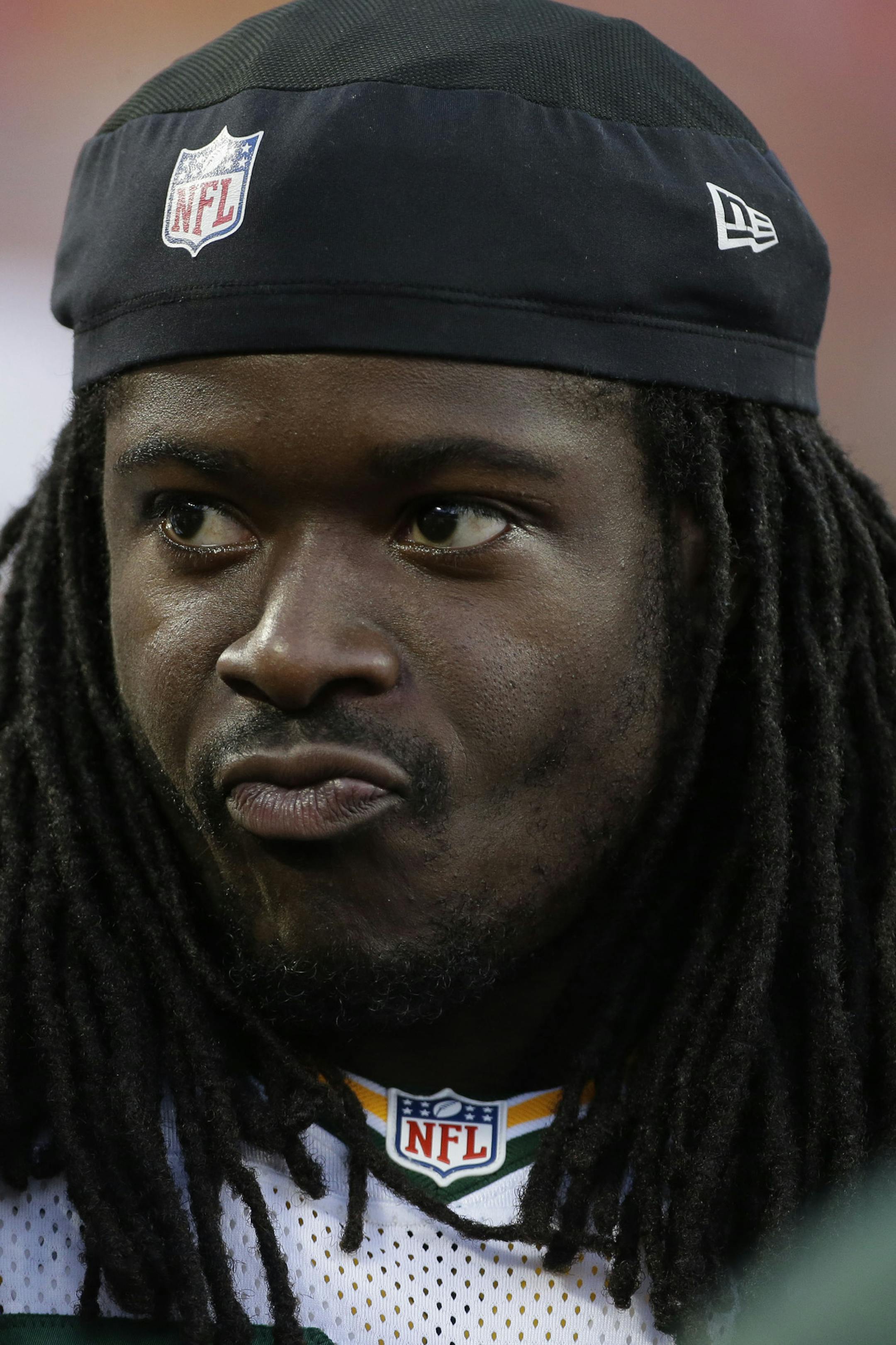 Green Bay Packers running back Eddie Lacy (27) watches during the first half of a preseason NFL football game against the Kansas City Chiefs Thursday, Aug. 29, 2013, in Kansas City, Mo. (AP Photo/Charlie Riedel) ORG XMIT: MIN2013090519374038