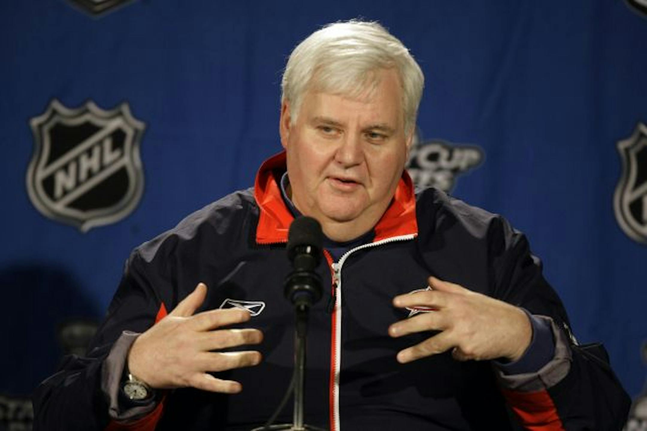 Columbus Blue Jackets Ken Hitchcock talks with the media after a hockey practice for the second game against the Detroit Red Wings in the first round of the NHL hockey playoffs in Detroit on Frday, April 17, 2009.