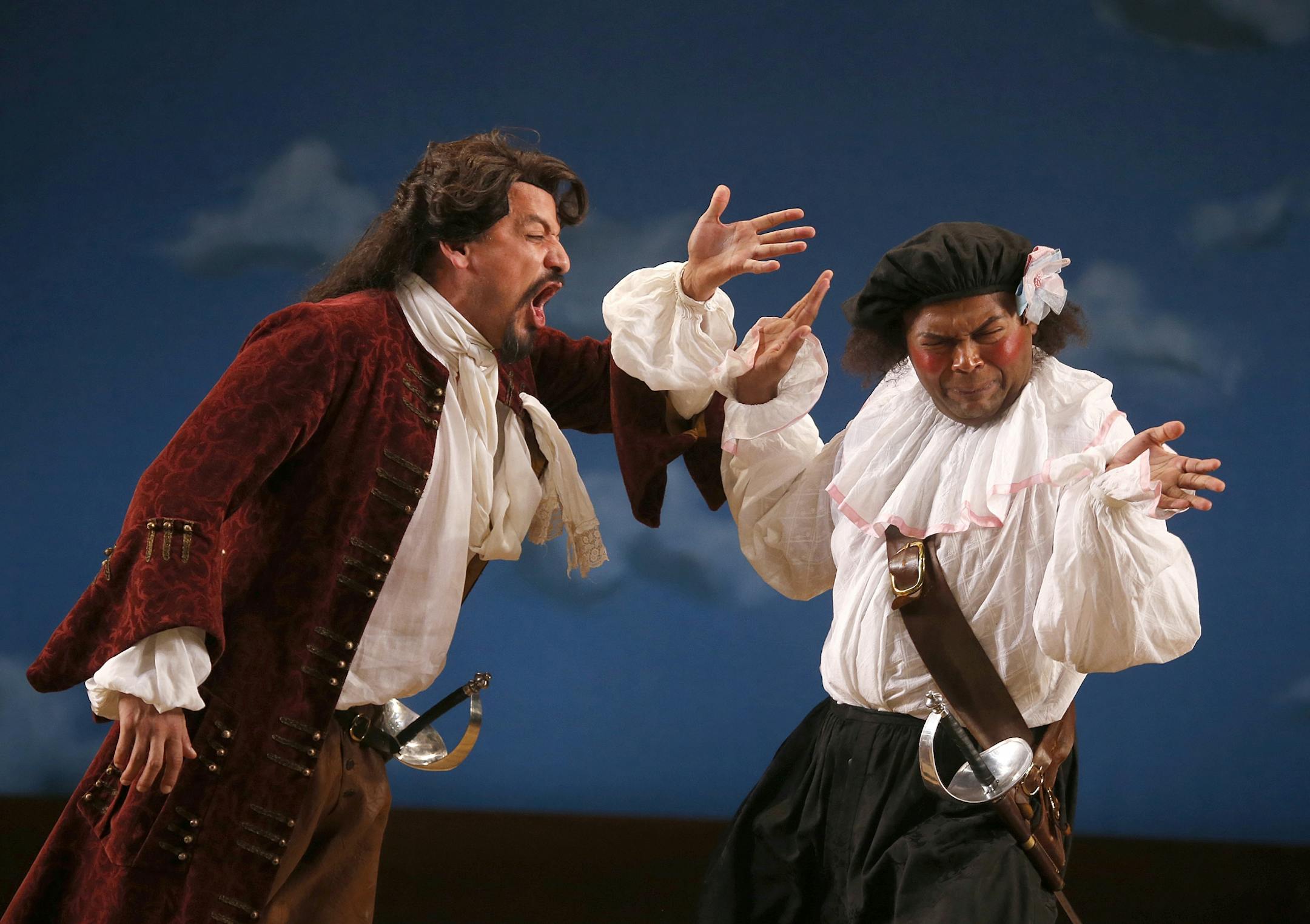 Jesse J. Perez, Florindo, left, and Chivas Michael, Slivio, on stage at the Guthrie in Carlo Goldoni's "Servant of Two Masters."