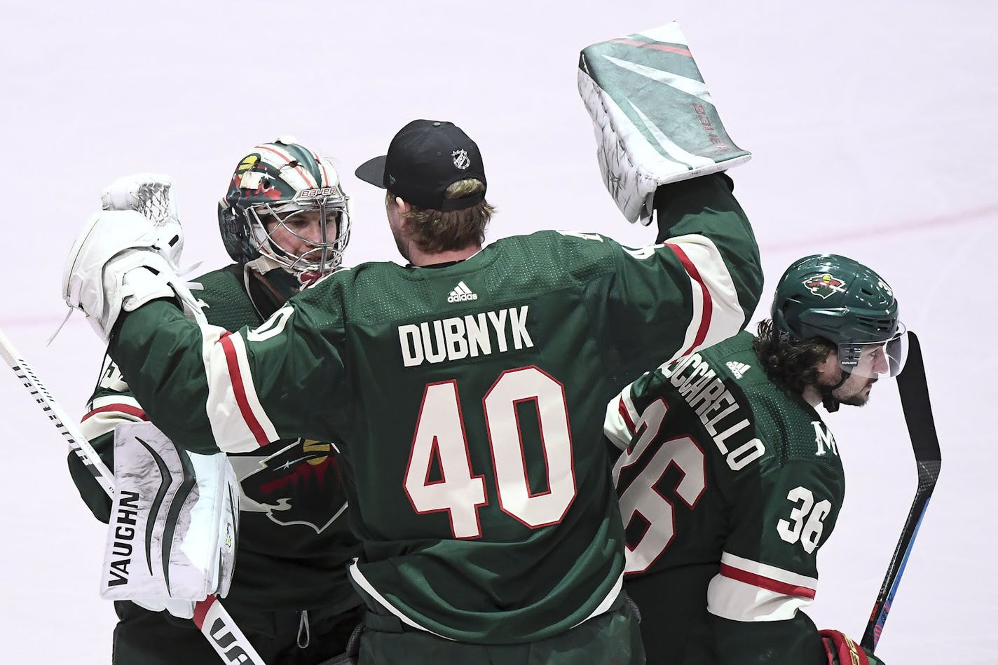 Minnesota Wild goaltender Devan Dubnyk (40) celebrated with goaltender Alex Stalock (32) after Stalock shut out the Dallas Stars 7-0 Saturday night. ] Aaron Lavinsky • aaron.lavinsky@startribune.com The Minnesota Wild played the Dallas Stars on Saturday, Jan. 18, 2020 at the Xcel Energy Center in St. Paul, Minn. ORG XMIT: MIN2001182310403103