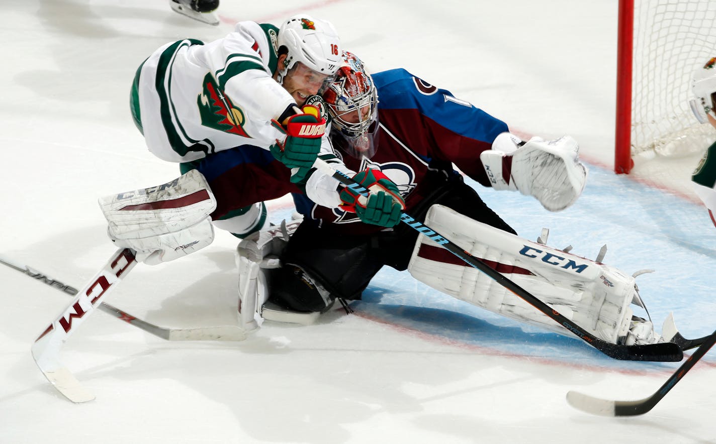 Wild left winger Jason Zucker had this shot blocked by Avalanche goalie Semyon Varlamov, but the Wild beat him four times in the third period to beat Colorado 5-4 on Thursday.