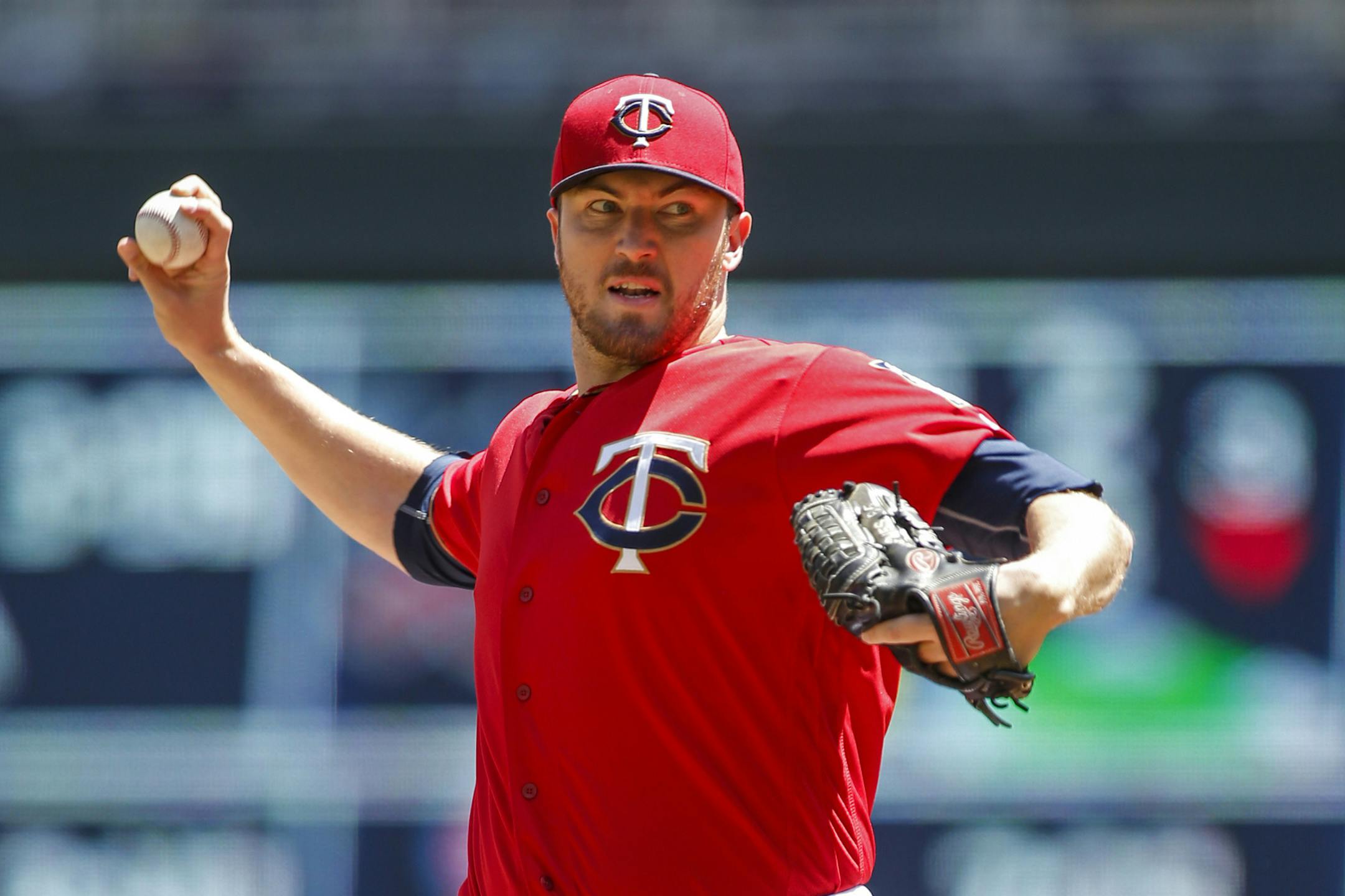 Minnesota Twins starting pitcher Phil Hughes pitches to the Toronto Blue Jays in the first inning of a baseball game Sunday, May 22, 2016, in Minneapolis. (AP Photo/Bruce Kluckhohn)