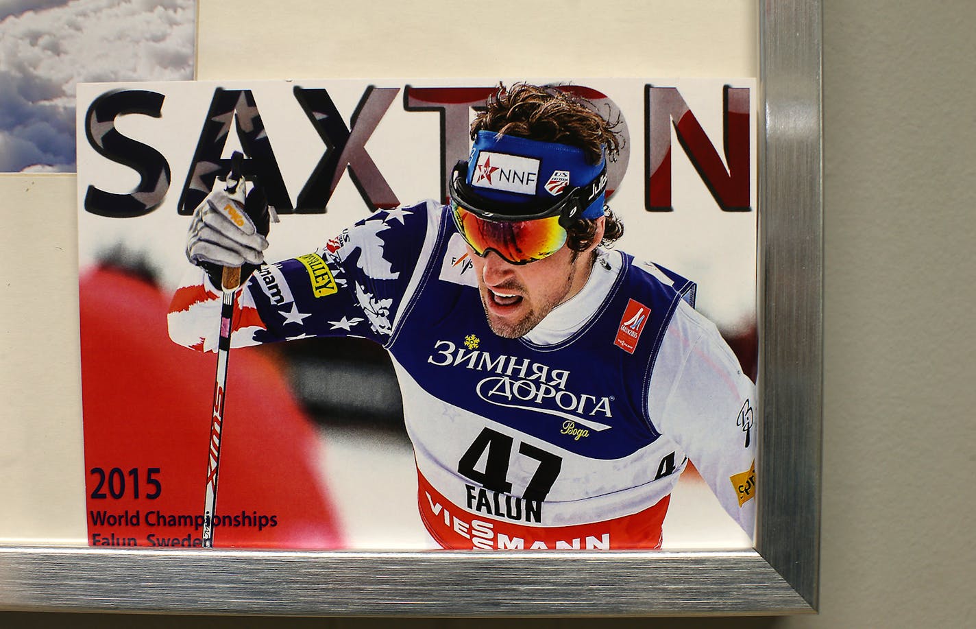 A photo of Ben Saxton of the U.S. Nordic Ski Team sits on a farm at the Out There Nordic Sports ski shop, Thursday, February 4, 2016 in Rice Lake, Wis. ] (ELIZABETH FLORES/STAR TRIBUNE) ELIZABETH FLORES &#x2022; eflores@startribune.com