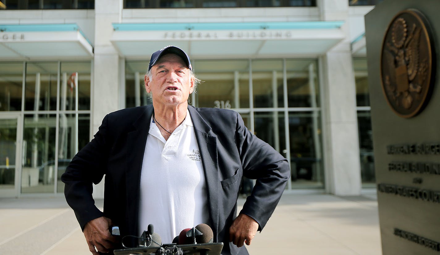 Former Governor Jesse Ventura talked to reporters at the Warren E. Burger Federal Building and United States Courthouse after the defamation hearing, Tuesday, October 20, 2015 in St. Paul, MN. ] (ELIZABETH FLORES/STAR TRIBUNE) ELIZABETH FLORES &#x2022; eflores@startribune.com