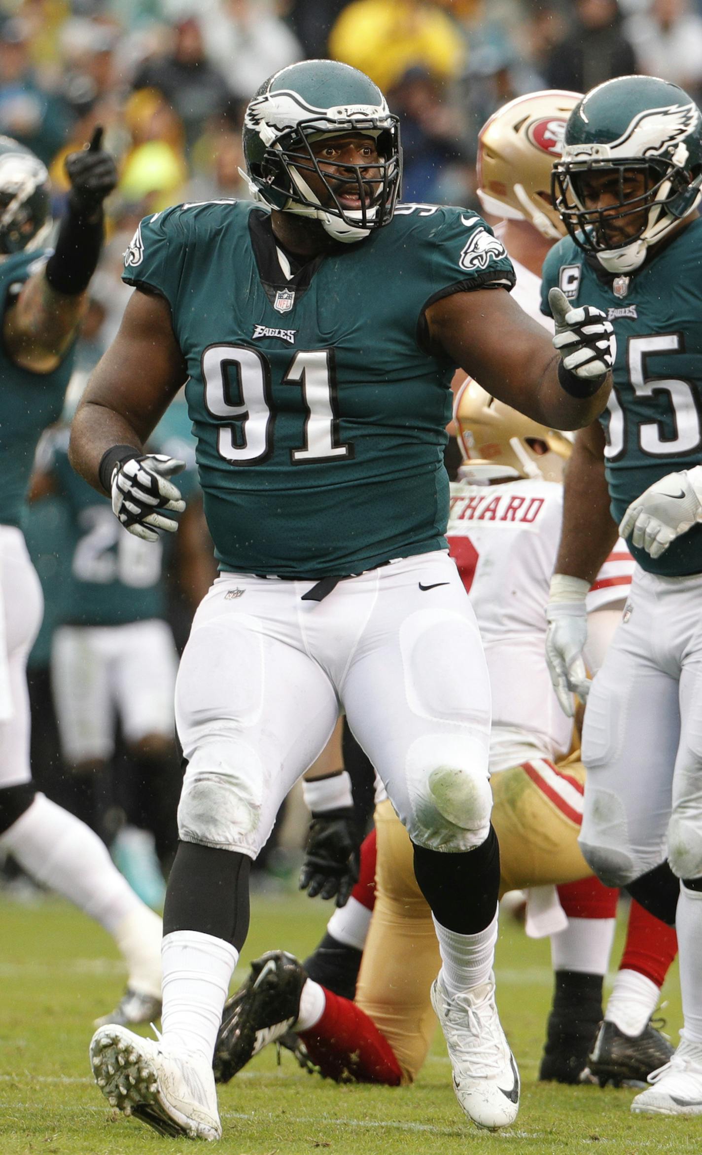 Philadelphia Eagles defensive tackle Fletcher Cox reacts to his sack during an NFL football game against the San Francisco 49ers, Sunday, Oct. 29, 2017, in Philadelphia. (AP Photo/Chris Szagola) ORG XMIT: OTKCS175