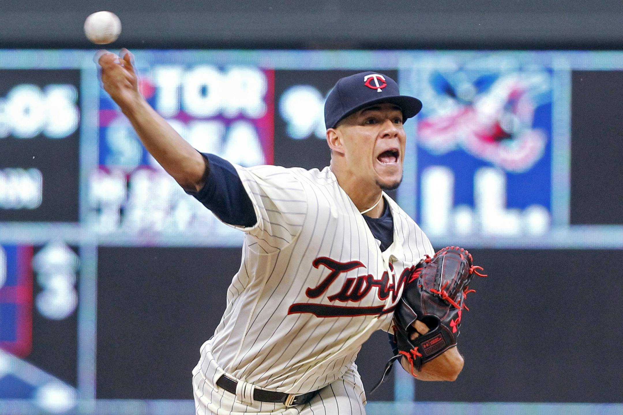 Minnesota Twins starting pitcher Jose Berrios throws to the Kansas City Royals in the first inning of a baseball game Saturday, Aug. 4, 2018, in Minneapolis.