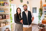Lyla Abukhodair, co-owner of Falastin, Duluth’s first Palestinian restaurant, poses with her co-owner Sam Miller at their newly-opened storefront on
