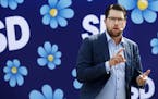 Leader of the Sweden Democrats, Jimmie Akesson campaigns in Sundsvall, Sweden, on Friday Aug. 17, ahead of the upcoming Swedish general election. Swed