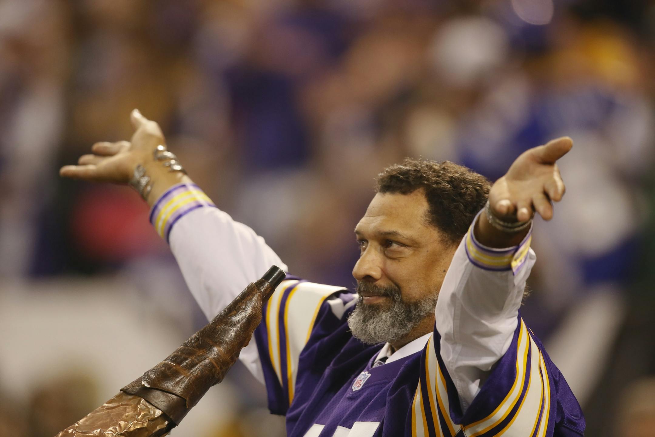 Joey Browner acknowledged the cheers of the crowd before he blew the Gjallarhorn before inducted in the Vikings' Ring of Honor in 2013. Browner, who is of American Indian descent, has also been a vocal critic of the Washington Redskins nickname.