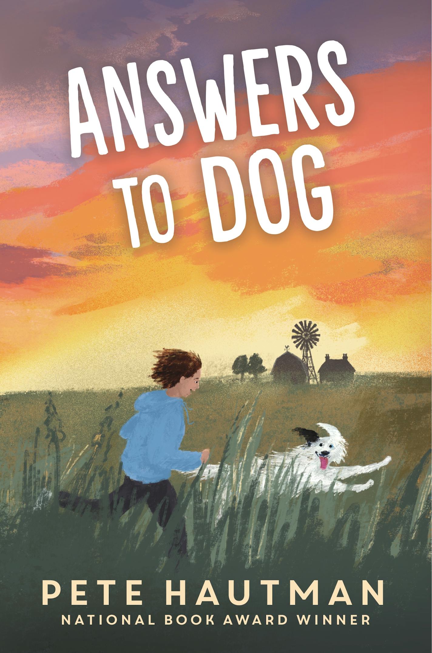 The cover of "Answers to Dog" depicts a boy and a dog running through a field