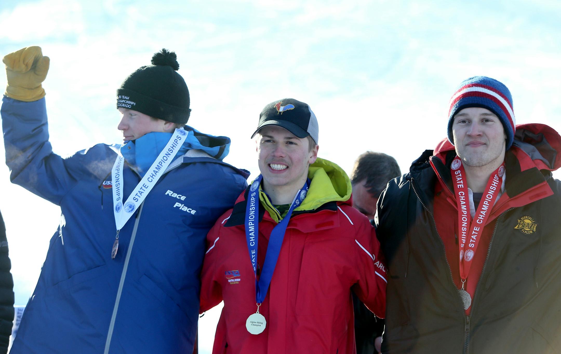 Tommy Anderson, center, of Eagan won the boys individual, Jack Lindsay, right, of Burnsville took second place and Luke Doolittle, right, of Eastview placed third at the Alpine state ski meet Tuesday, Feb. 10, 2016, at Giantís Ridge in Biwabik, MN.](DAVID JOLES/STARTRIBUNE)djoles@startribune.com high alpine state ski meet Tuesday, Feb. 10, 2016, at Giantís Ridge in Biwabik, MN.**Tommy Anderson, Jack Lindsay, Luke Doolittle,cq