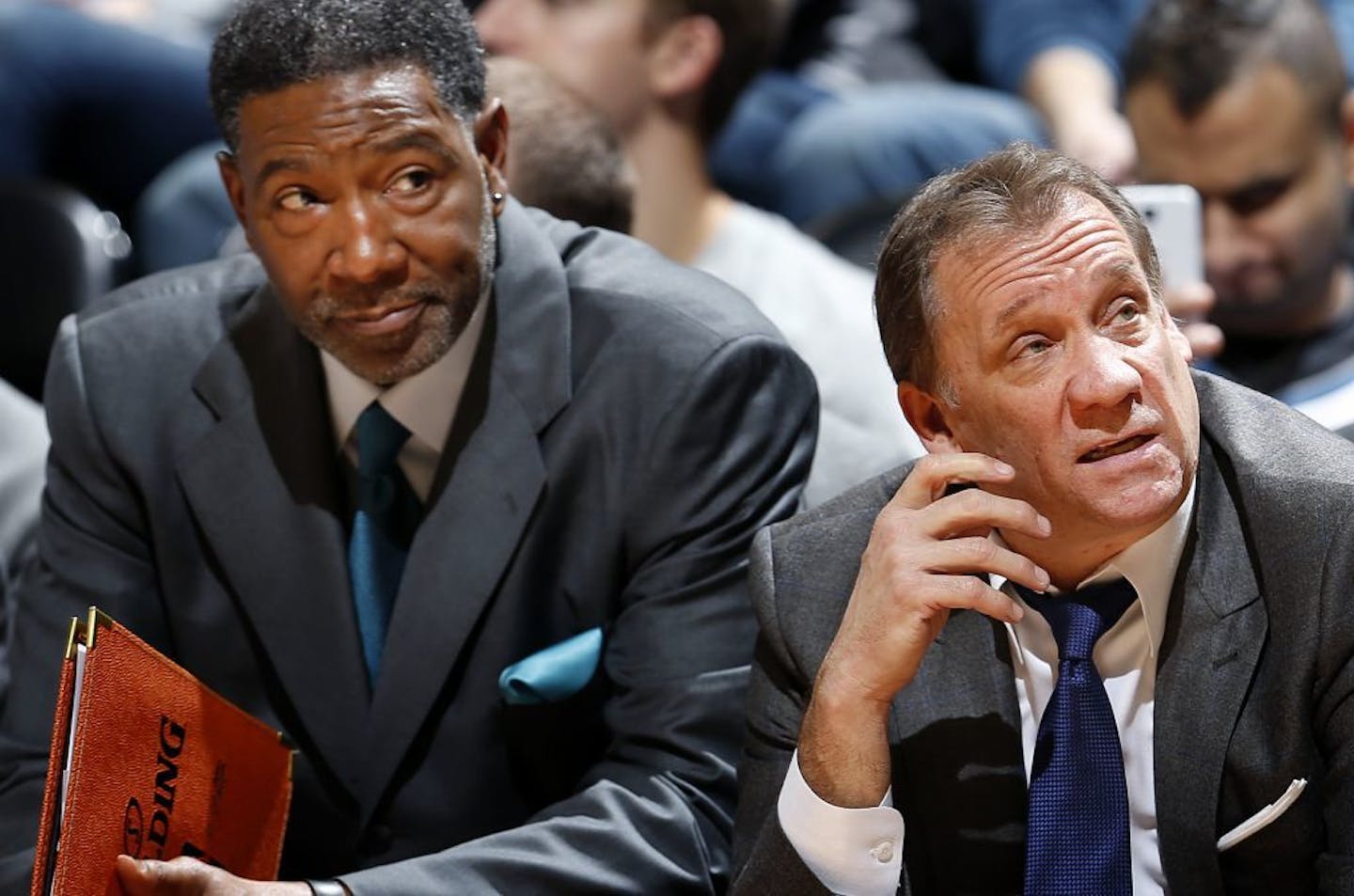 Minnesota Timberwolves coaches Sam Mitchell and Flip Saunders late in a game in January.