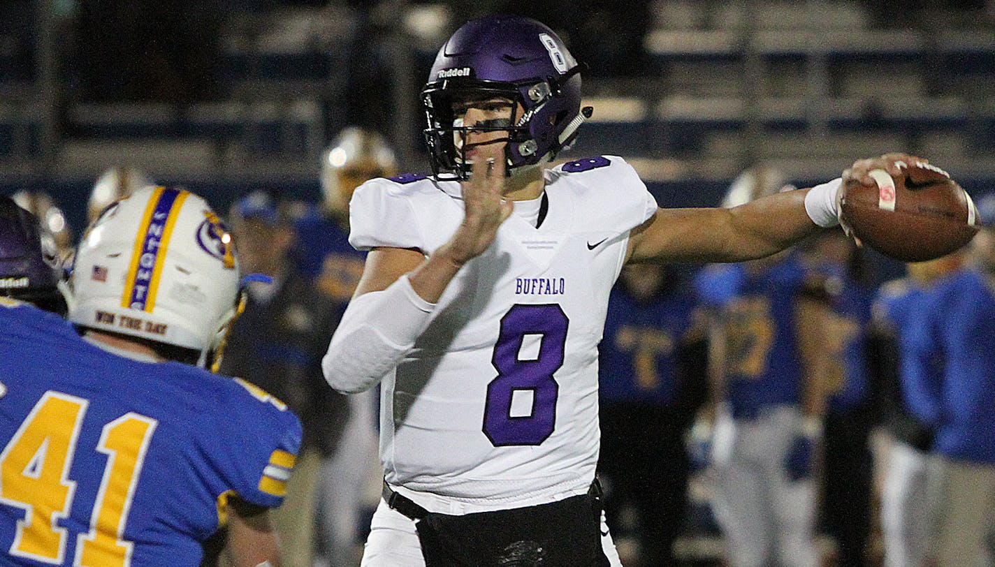 Buffalo senior quarterback Aidan Bouman threw two touchdown passes to help lead the Bison to a 17-14 upset over St. Michael-Albertville. Photo by Drew Herron, SportsEngine