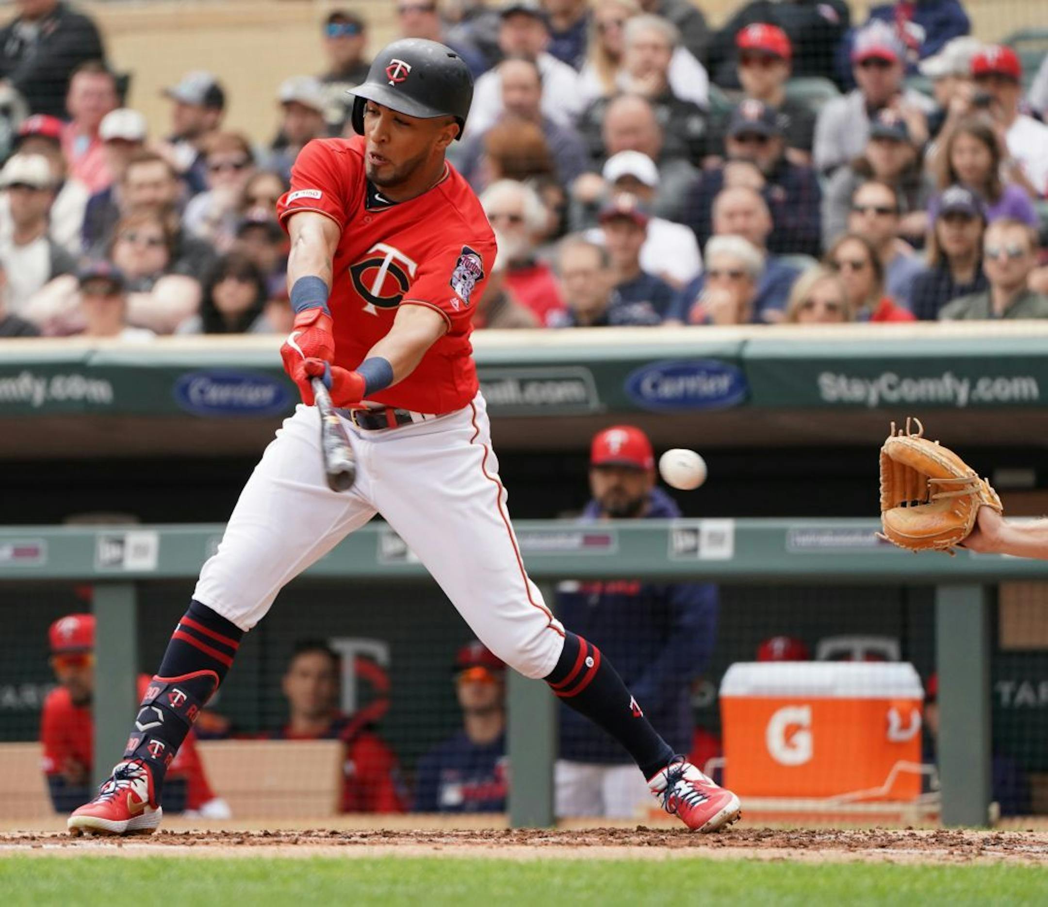 Minnesota Twins left fielder Eddie Rosario (20) struck out in the first inning against the Tigers.