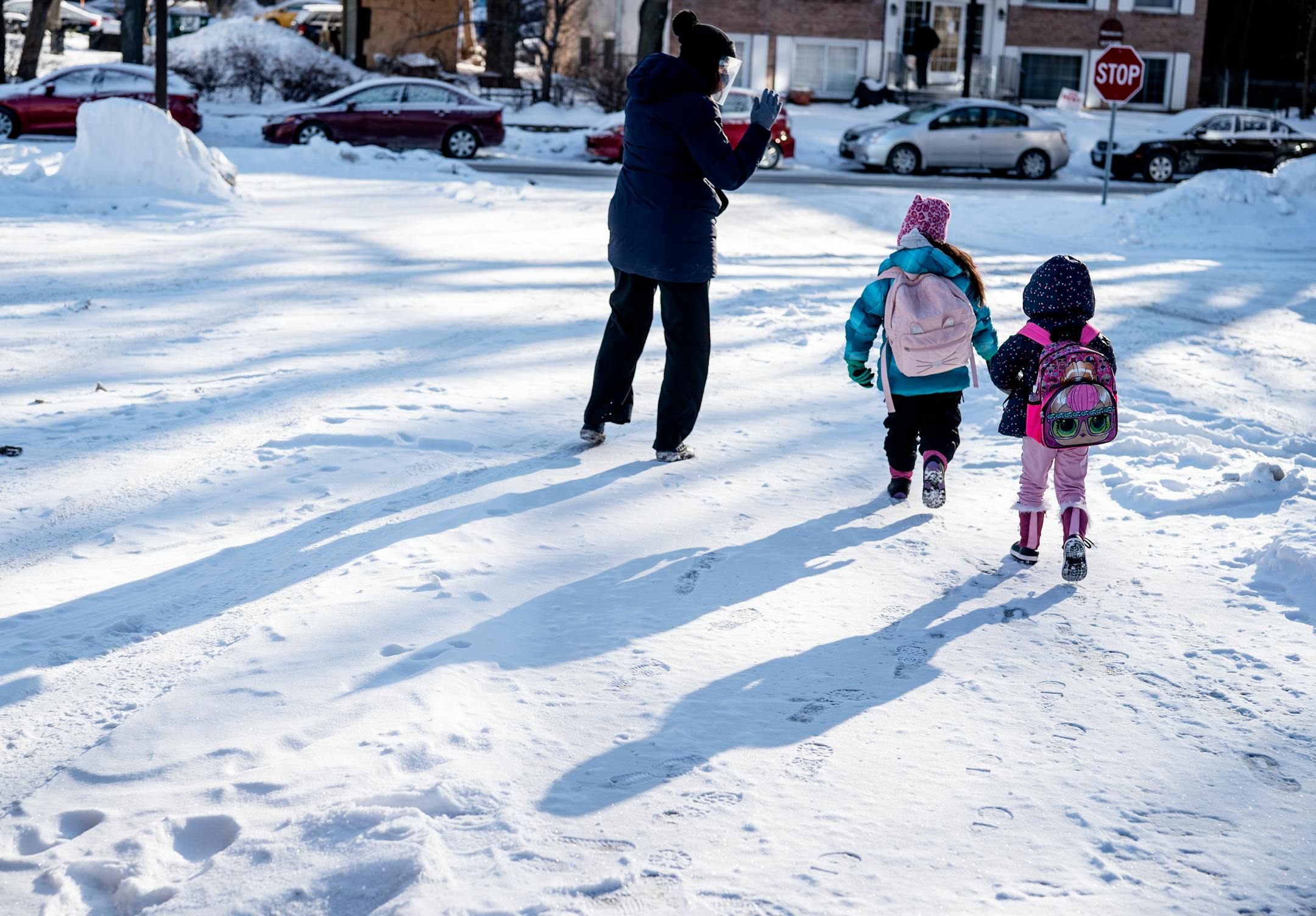 Jefferson Community School principal Holly Kleppe greeted students back to school Monday February 8, 2021 in Minneapolis.