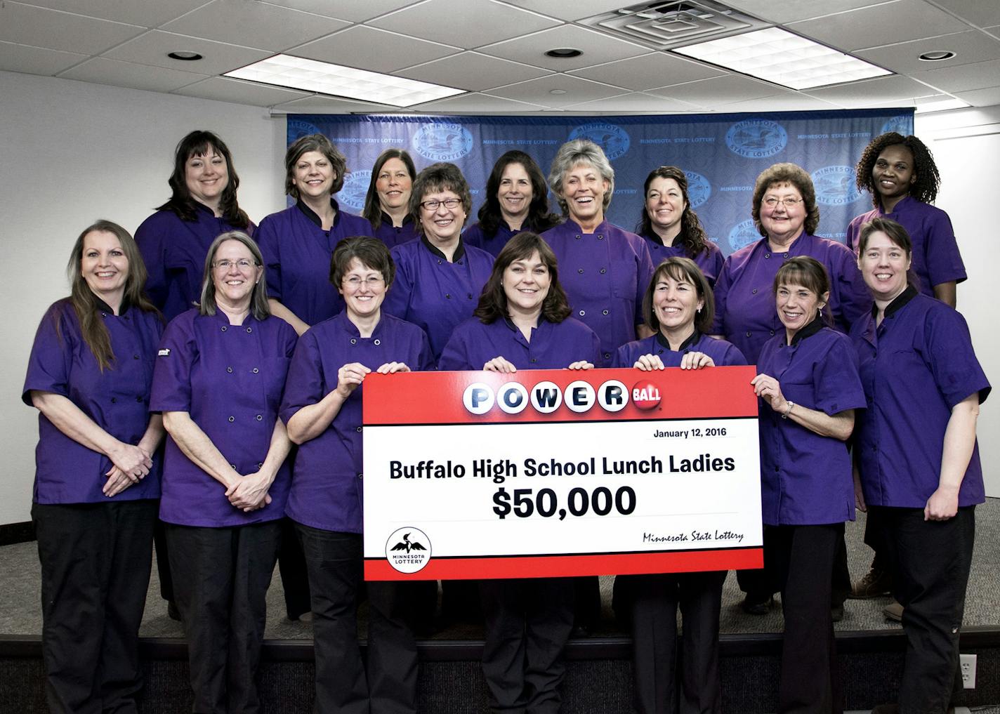 Caption: The lunch ladies from Buffalo High School claimed their prize at Minnesota State Lottery headquarters on Tuesday in Roseville. Credit: Provided by the Minnesota State Lottery CLOSE011416 A group of lottery-playing lunch ladies � no, not THAT group of lunch ladies � came oh so close to hitting the record multistate Powerball jackpot last weekend but is crediting the earlier food-serving fortune finders as inspiration. Recalling the famous lunch ladies from Holdingford, Minn., who shared