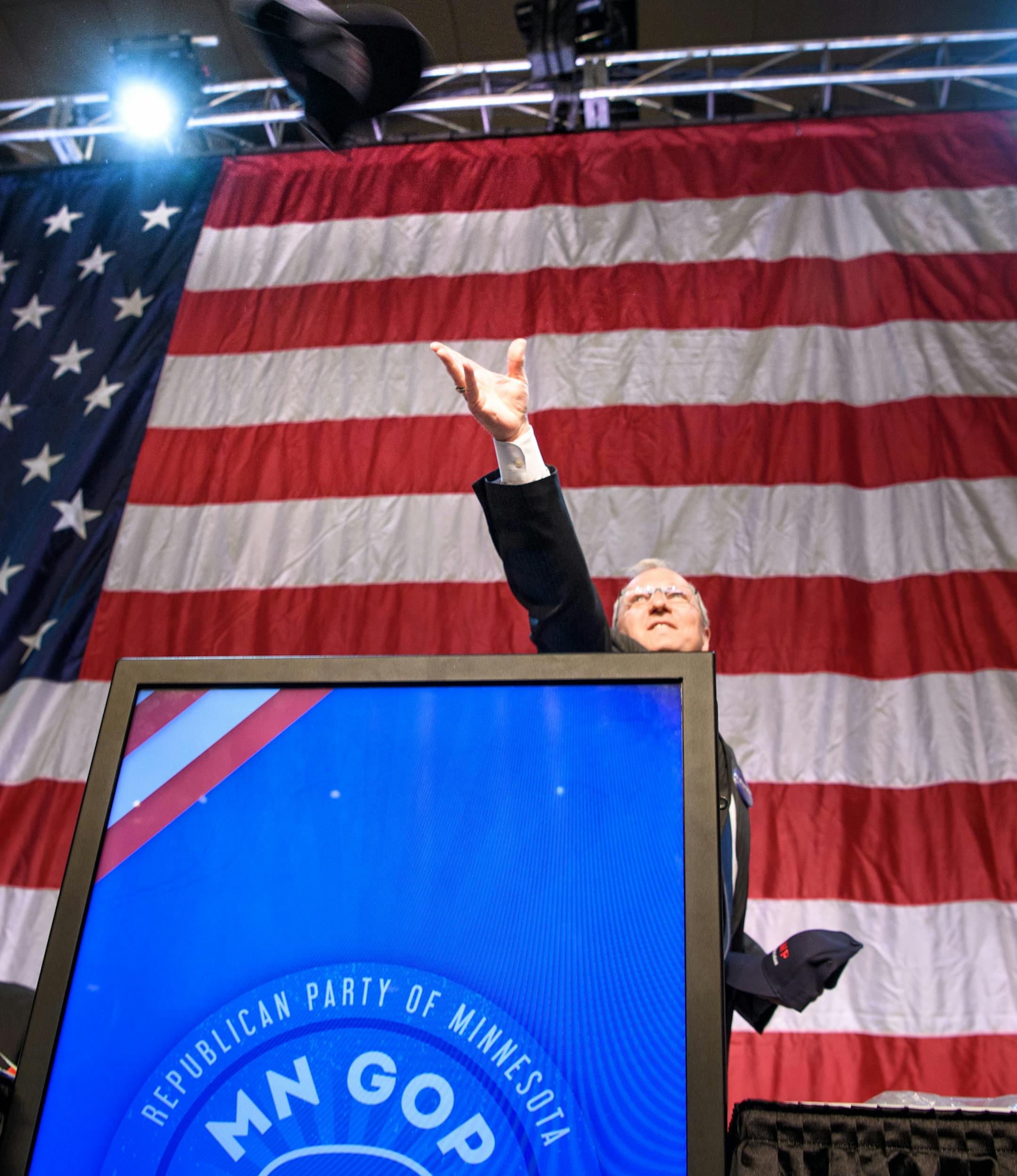 Trump supporter North Dakota Congressman Kevin Cramer threw Trump hats to the delegates at the MN GOP convention. ] GLEN STUBBE * gstubbe@startribune.com Saturday, May 21, 2016 DULUTH -- GOP activists gathered at the state Republican convention convene on Saturday to finalize the slate of national delegates headed to Cleveland in July for the national convention. It could bring a clash between pro- and anti-Trump forces within the Republican tent.