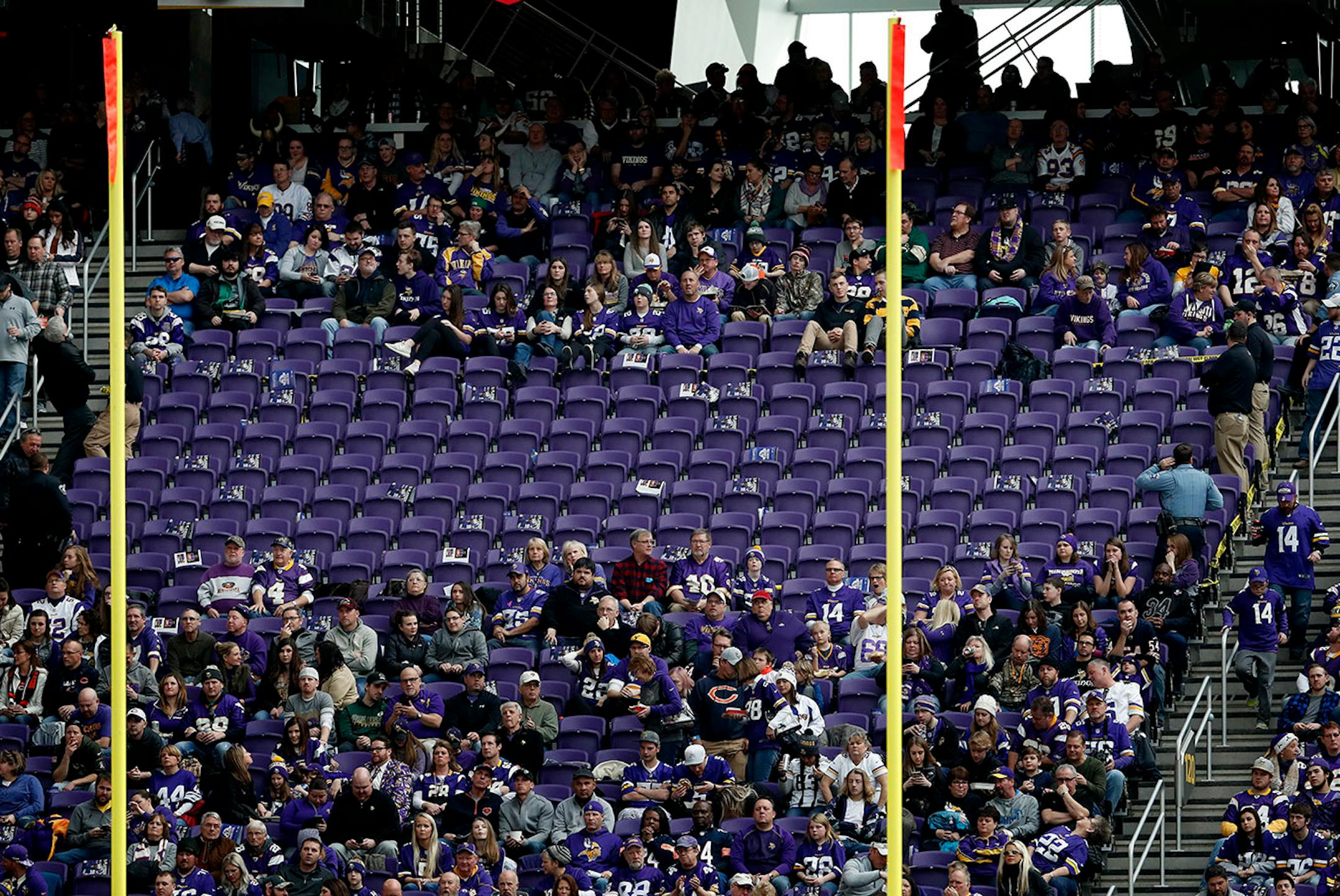 The seats directly under protesters were cleared of fans for safety reasons. #NoDAPL protesters hung a sign from the rafters of US Bank Stadium during the Minnesota Vikings vs. Chicago Bears Game.