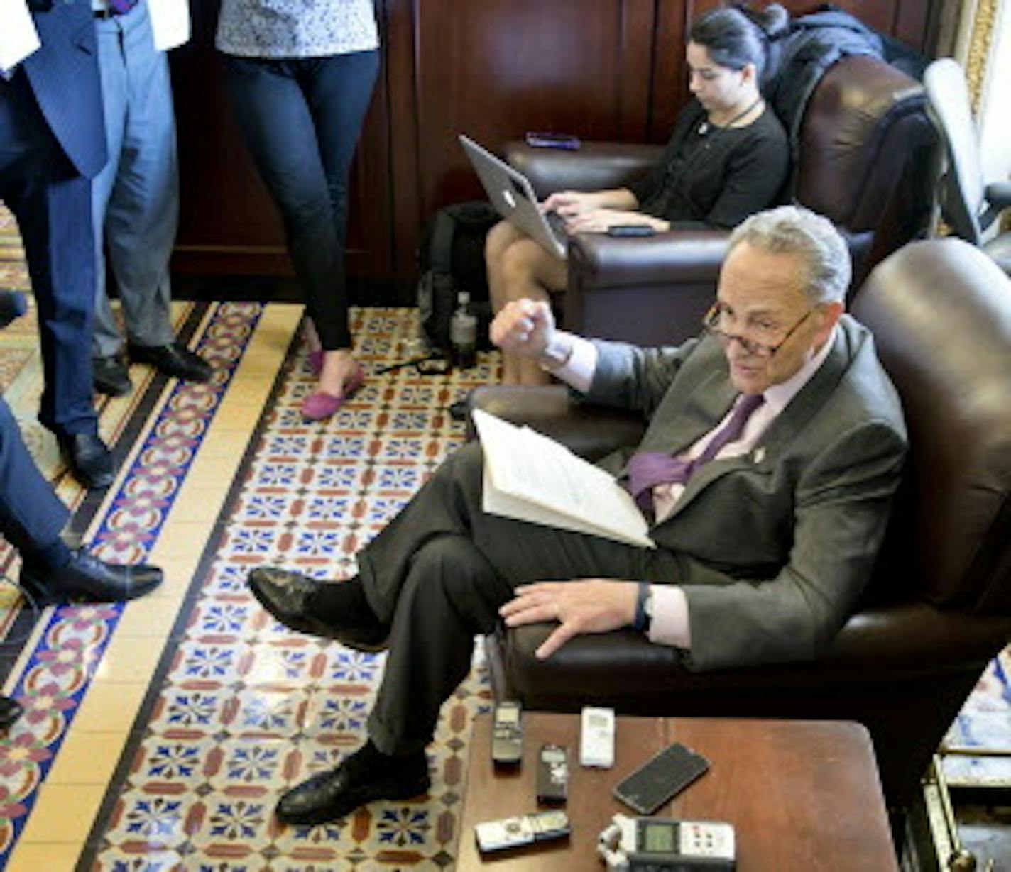 Sen. Chuck Schumer (D-N.Y.) speaks to reporters about a bill granting the president accelerated power to complete a sweeping trade accord, on Capitol Hill in Washington, May 14, 2015. (Stephen Crowley/The New York Times)