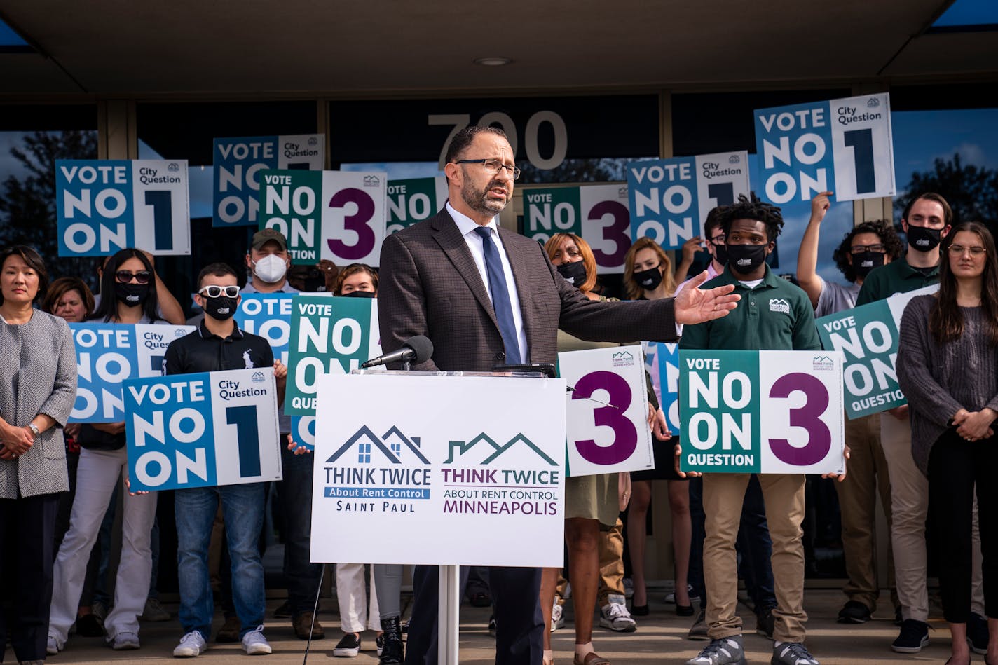 Cecil Smith, president and CEO of the Minnesota Multi-Housing Association, spoke during a press conference announcing the launch of a coalition against the rent control ballot measures in St. Paul and Minneapolis called Think Twice About Rent Control. ] LEILA NAVIDI • leila.navidi@startribune.com