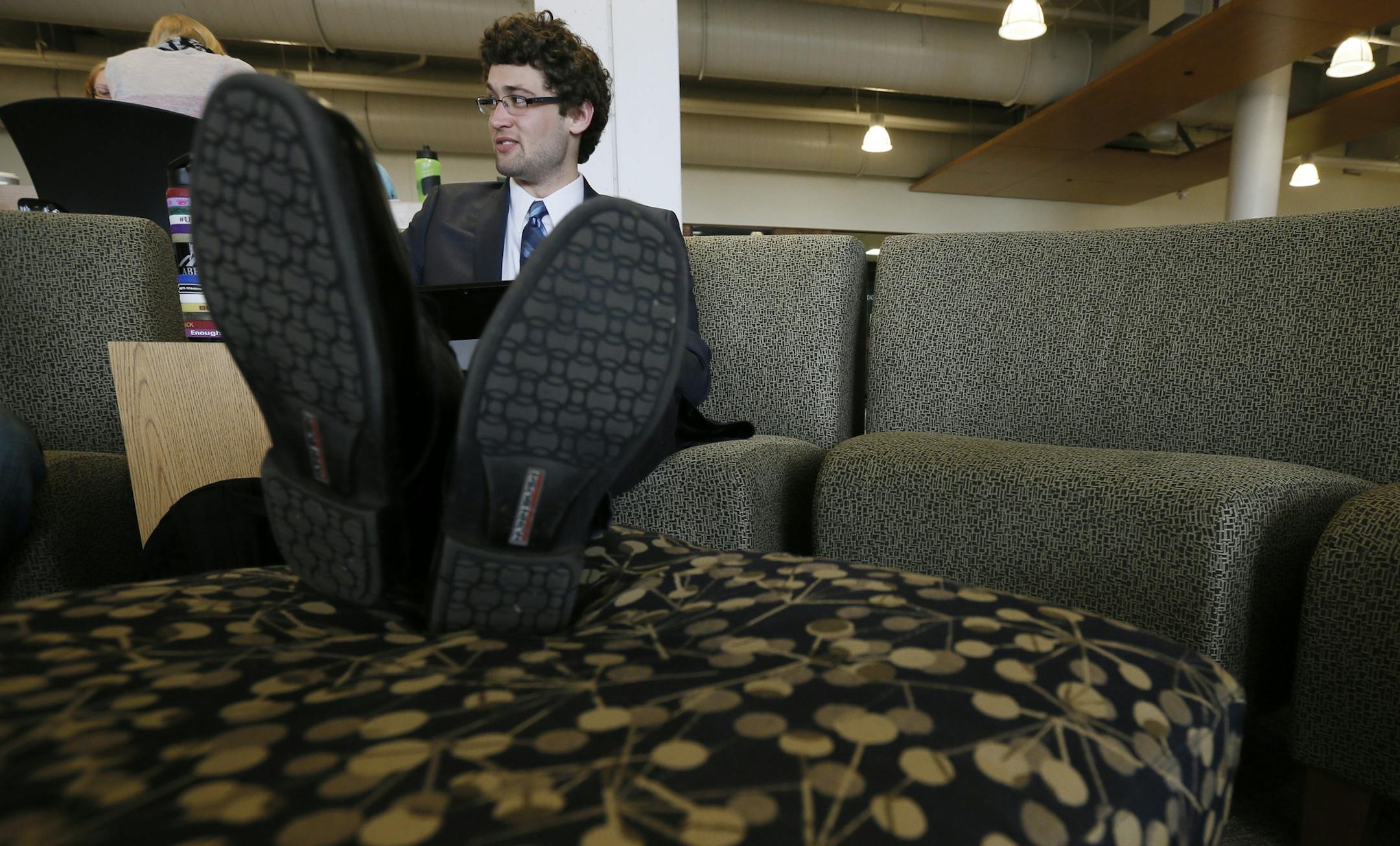 Jackson Houston of Howard Lake, relaxed in the student center after Thursday morning after taking a final at UMD. He said he's heard about cutbacks at the Duluth campus. "I know a few professors who are sort of on edge...about whether they're getting their jobs back again." University of Minnesota Duluth chancellor, Lendley Black hosted a "Town Hall" meeting for faculty, staff and students to give and update on the progress toward digging the Duluth campus out of of a multi-million dollar budget