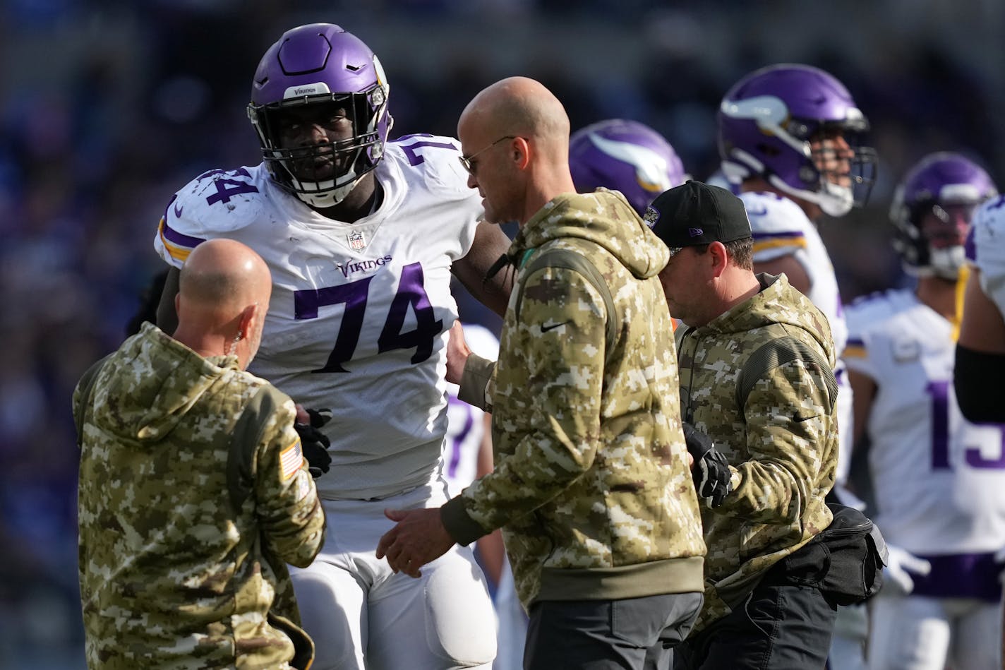 Vikings guard Oli Udoh (74) went down with an injury in the second quarter of an NFL game between the Minnesota Vikings and the Baltimore Ravens Sunday, Nov. 7, 2021 at M&amp;T Bank Stadium in Baltimore, Md. ] ANTHONY SOUFFLE • anthony.souffle@startribune.com