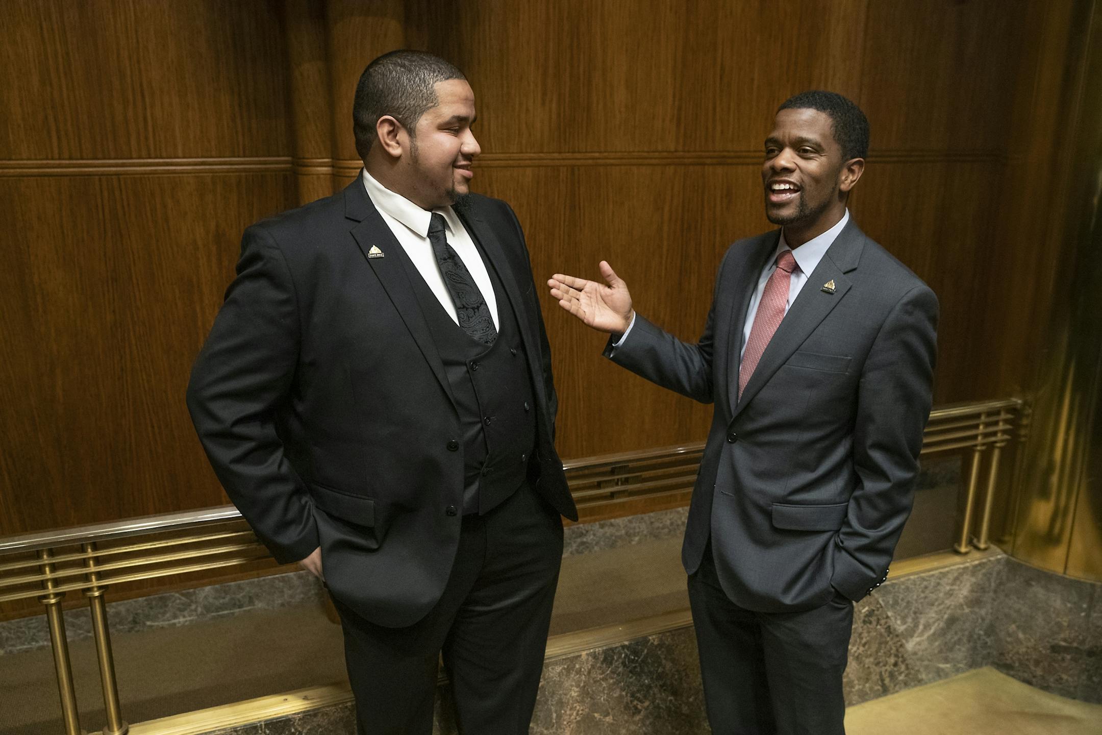 City Council Member Kassim Busuri was greeted by St. Paul Mayor Melvin Carter after he was sworn in at St. Paul City Hall, Wednesday, February 6, 2019 in St. Paul, MN. Busuri, a local educator, is the first Somali-American to serve on the St. Paul City Council.