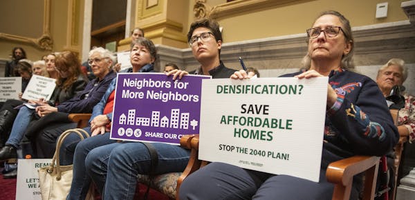 Nancy Przymus, from right, holds a sign against the 2040 Comprehensive Plan, as her neighbor Blue Delliquanti holds a sign supporting the plan during 