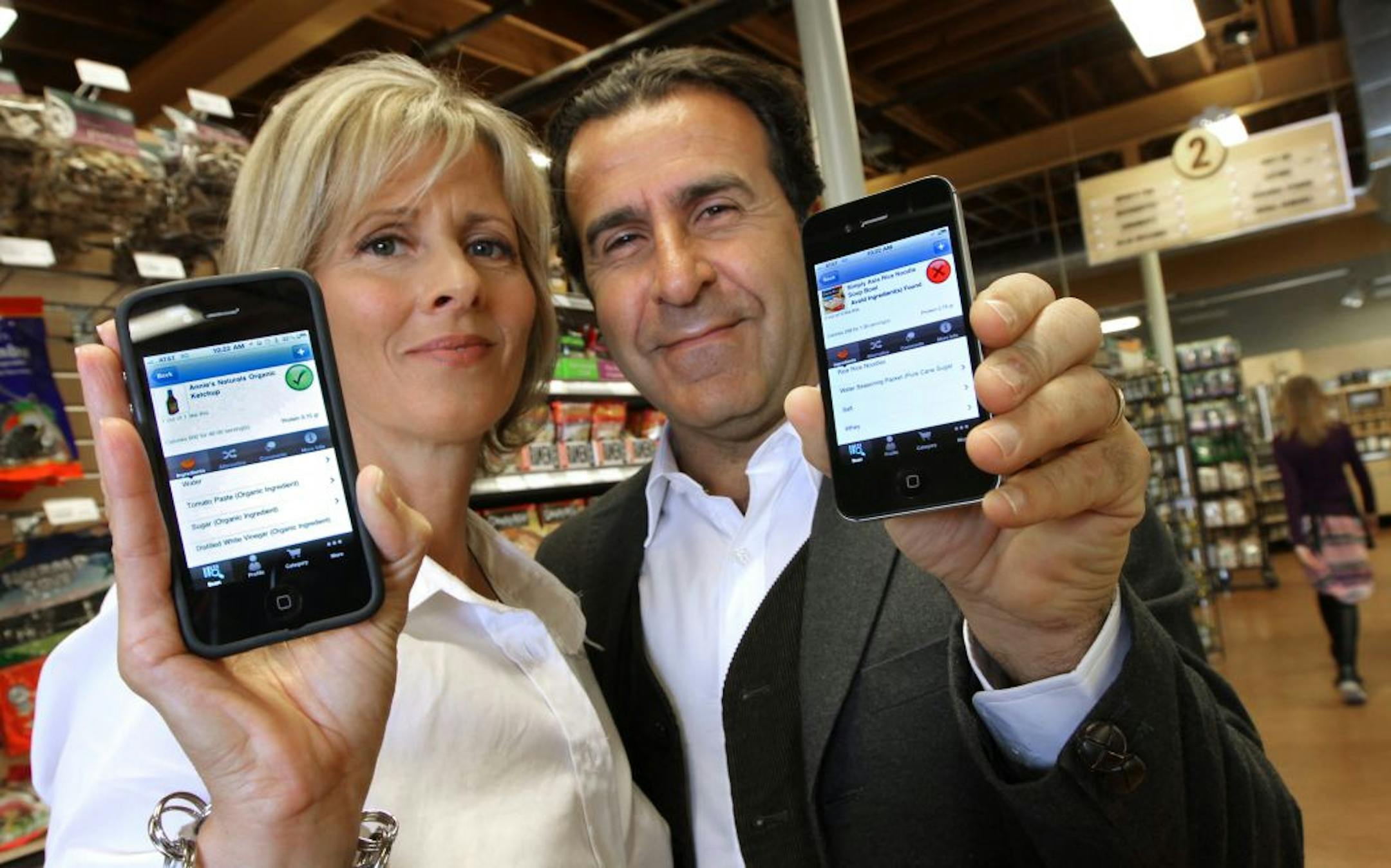 Laurie and Josef Kerkinni, wrote the NxtNutrio app and created the nutritional database for food products, showed their Iphone app during a visit to the Linden Hills Co-op on 4/17/12. Software firm NxtNutrio of Burnsville has written an iPhone app that helps grocery shoppers pick the healthiest foods. When the iPhone camera scans a product bar code, the app compares it to a nutritional database of 200,000 food products. The app then rates the healthiness of the product and points out any allergy