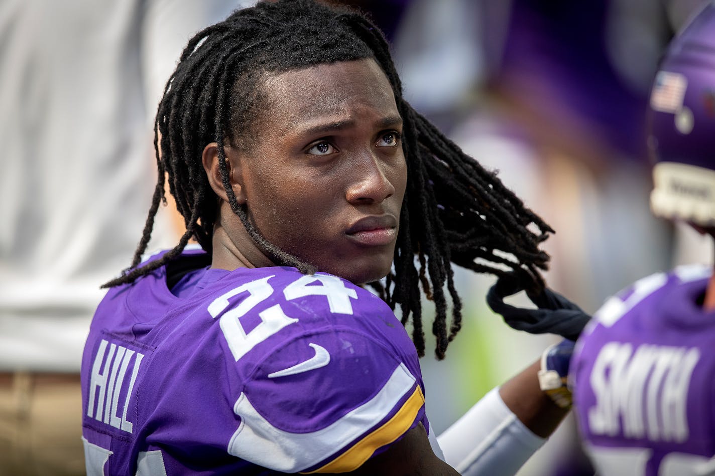 Minnesota Vikings defensive back Holton Hill watched from the bench in the fourth quarter as the Minnesota Vikings took on the Arizona Cardinals at US Bank Stadium, Saturday, August 24, 2019 in Minneapolis, MN. ] ELIZABETH FLORES • liz.flores@startribune.com