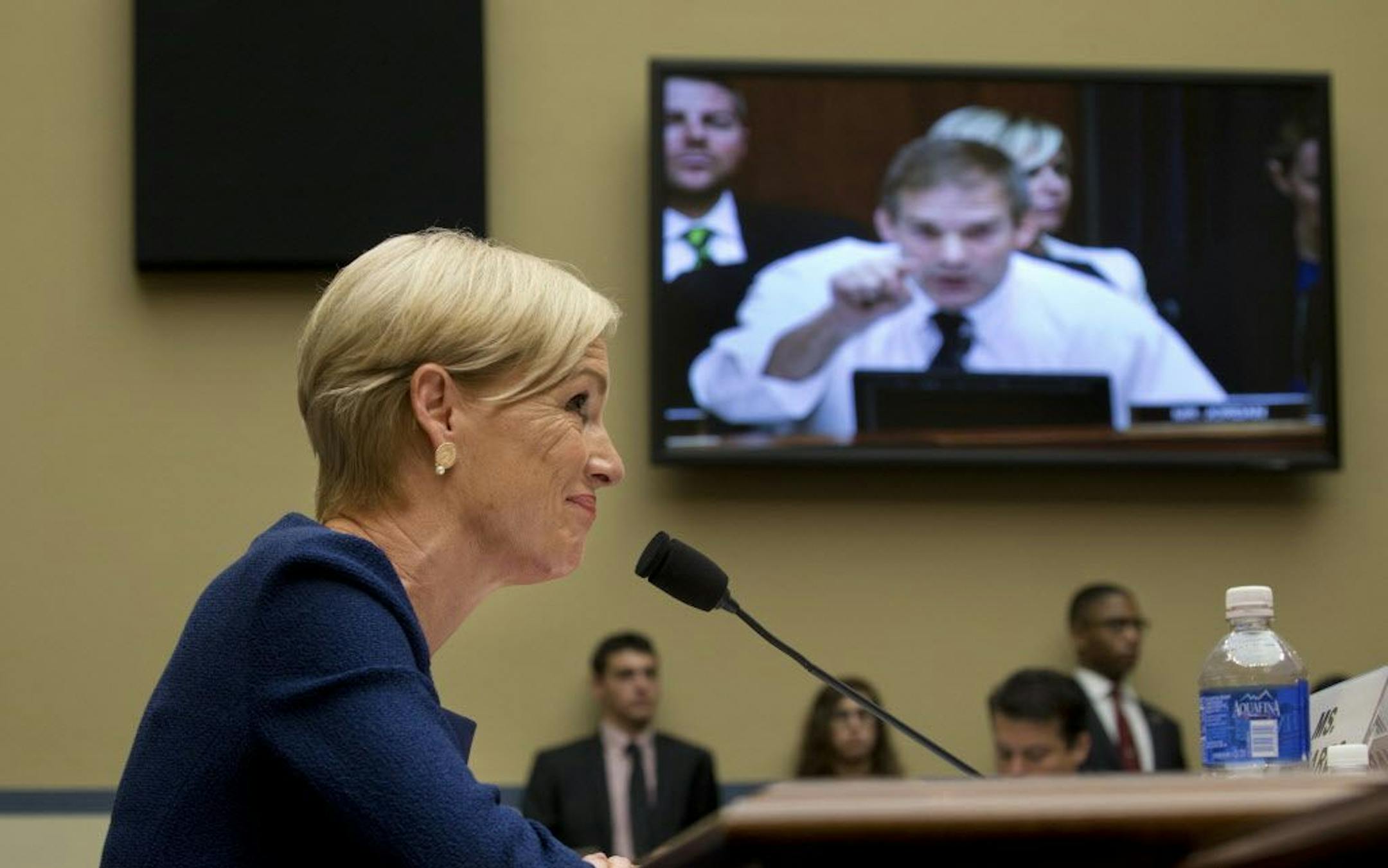 Cecile Richards, the president of Planned Parenthood, listens to an opening statement by Rep. Jim Jordan (R-Ohio) during a hearing of the House Oversight and Government Reform Committee in Washington, Sept. 29, 2015.
