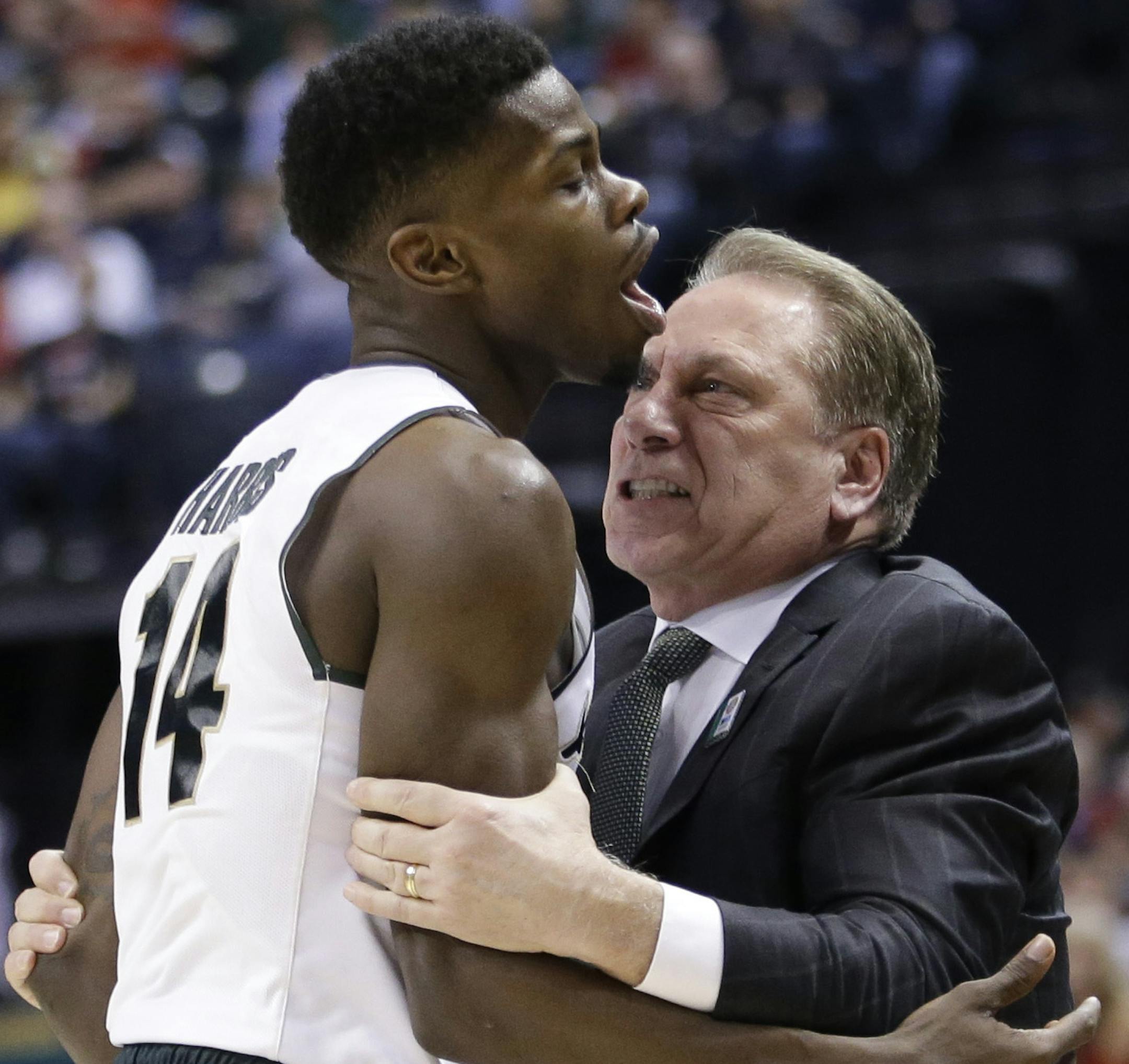 Michigan State head coach Tom Izzo yells at guard Eron Harris (14) after Harris received a technical in the first half of an NCAA college basketball game against Maryland during the semifinals of the Big Ten Conference tournament in Indianapolis, Saturday, March 12, 2016. (AP Photo/AJ Mast)