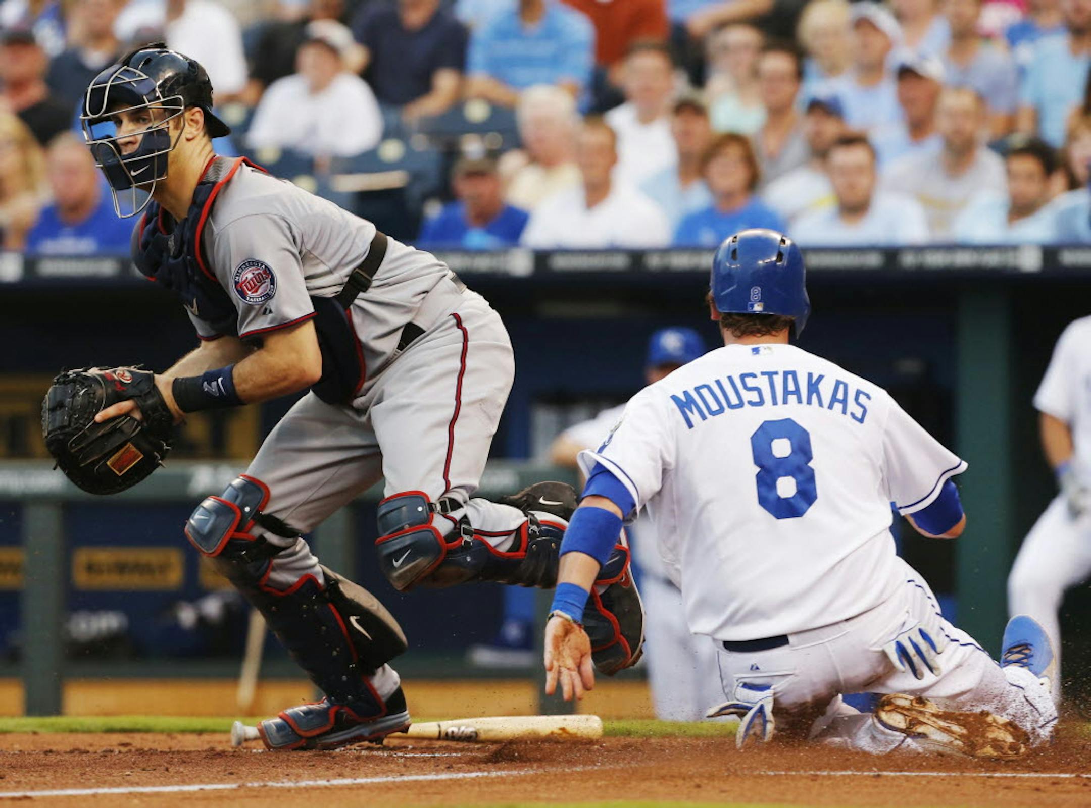 Catcher Joe Mauer forced out Kansas City's Mike Moustakas during the second inning.