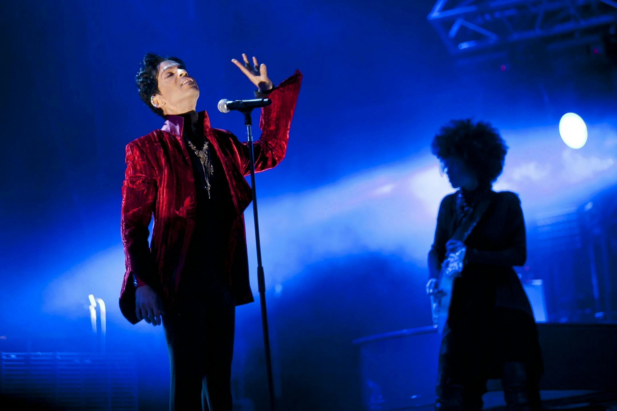 In this picture made available on Wednesday, Aug. 10, 2011, US musician Prince performs during his concert at the Sziget Festival on the Shipyard Island, northern Budapest, Hungary, on Tuesday, Aug. 9, 2011. The Sziget Festival is one of the biggest European cultural events, featuring art exhibitions, literary and theatrical performances, and above all music concerts. The festival runs from Aug. 8 to 15. (AP Photo/MTI, Balazs Mohai) HUNGARY OUT