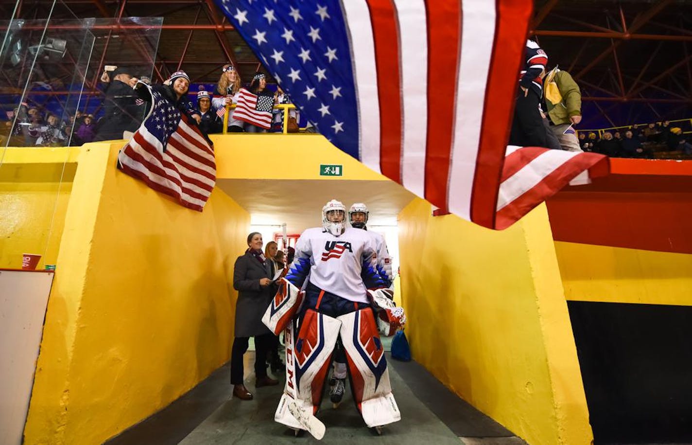 BRATISLAVA, SLOVAKIA - JANUARY 2: USA's Skylar Vetter #1 stands in the players' tunnel before player introductions prior to playing team Canada in the gold medal game at the 2020 IIHF Ice Hockey U18 Women's World Championship at Ice Rink Vlado Dzurilla - Hall 1 on January 2, 2020 in Bratislava, Slovakia. (Photo by Steve Kingsman/HHOF-IIHF Images)