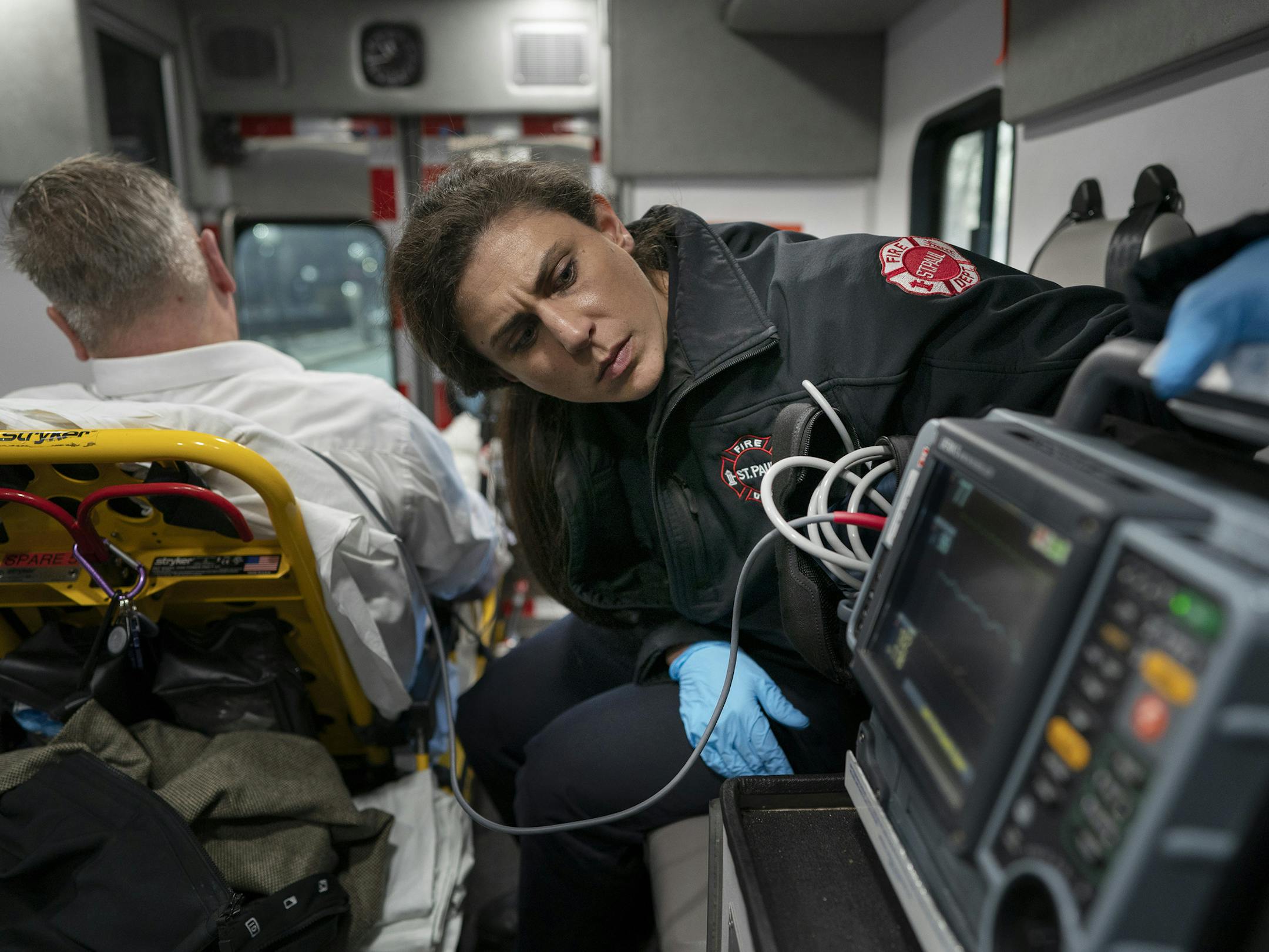 St. Paul firefighter Sarah Reasoner monitored a patient heart rate while he was being transported to a hospital .] Jerry Holt •Jerry.Holt@startribune.com Sarah Reasoner, who recently competed in the World's Strongest Firefighter competition, as she demonstrates how she got to be so strong and why it's important in her line of work Tuesday February 4, 2020 in St. Paul ,MN.
