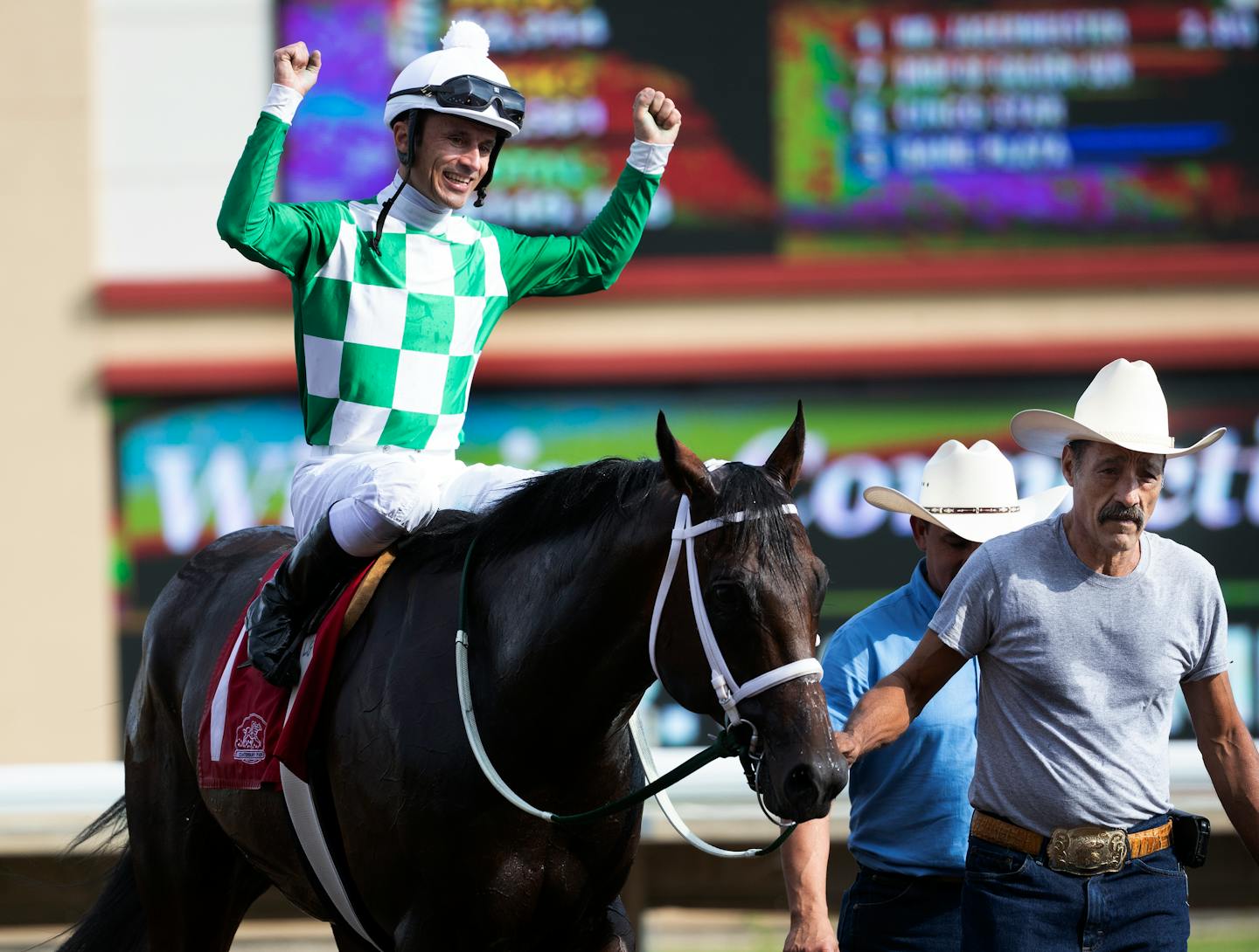 Leandro Goncalves celebrated a victory aboard Mr. Jagermeister during Festival of Champions races at Canterbury Park on September 1