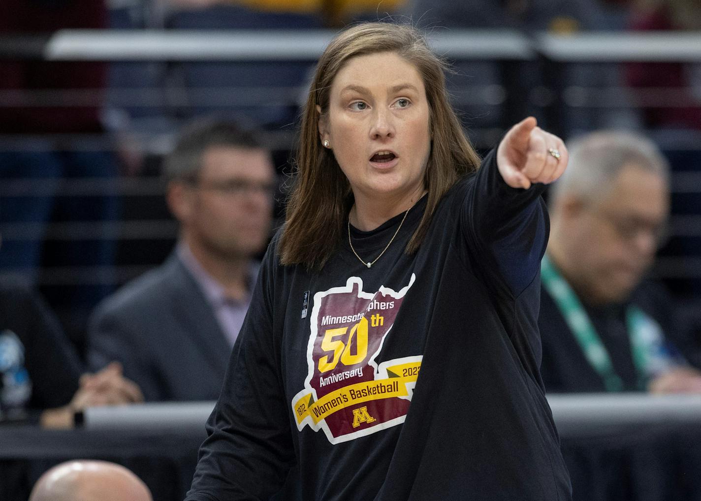 Minnesota Gophers Head Coach Lindsay Whalen coaches from the bench during the fourth quarter of their game in the Big Ten women's basketball tournament on Wednesday, March 1, 2023 at Target Center in Minneapolis, MN. ] Elizabeth Flores • liz.flores@startribune.com