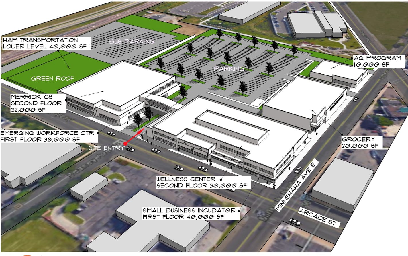 Architectural rendering of the proposed Minnesota Multicultural Center. A group of nonprofits wants to create the multicultural center at the former 3M campus on St. Paul's East Side.