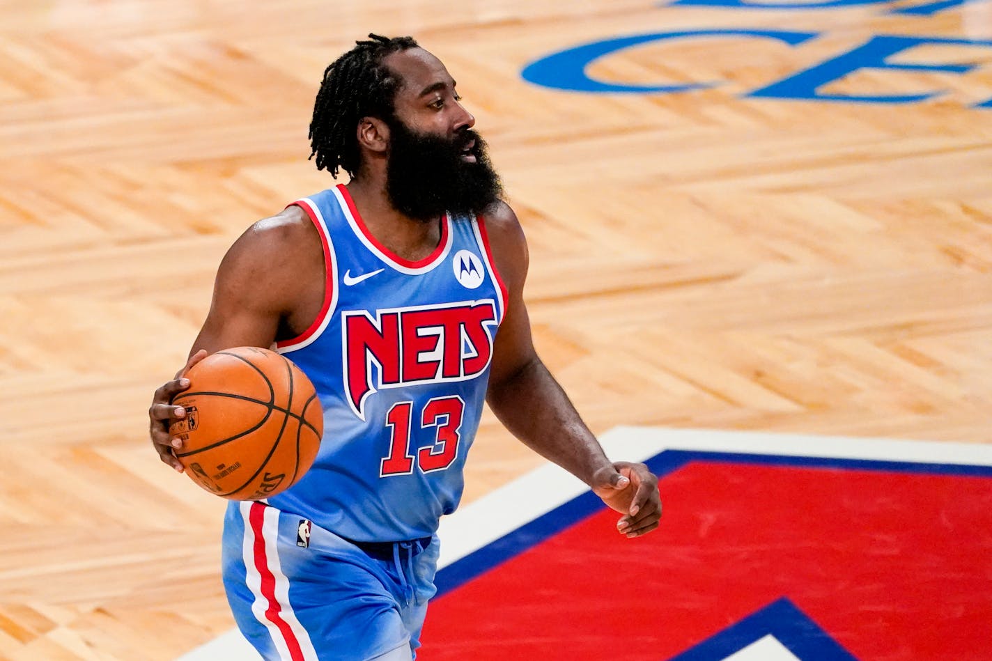 Brooklyn Nets guard James Harden handles the ball during the first half of an NBA basketball game against the Orlando Magic, Saturday, Jan. 16, 2021, in New York. (AP Photo/Mary Altaffer)